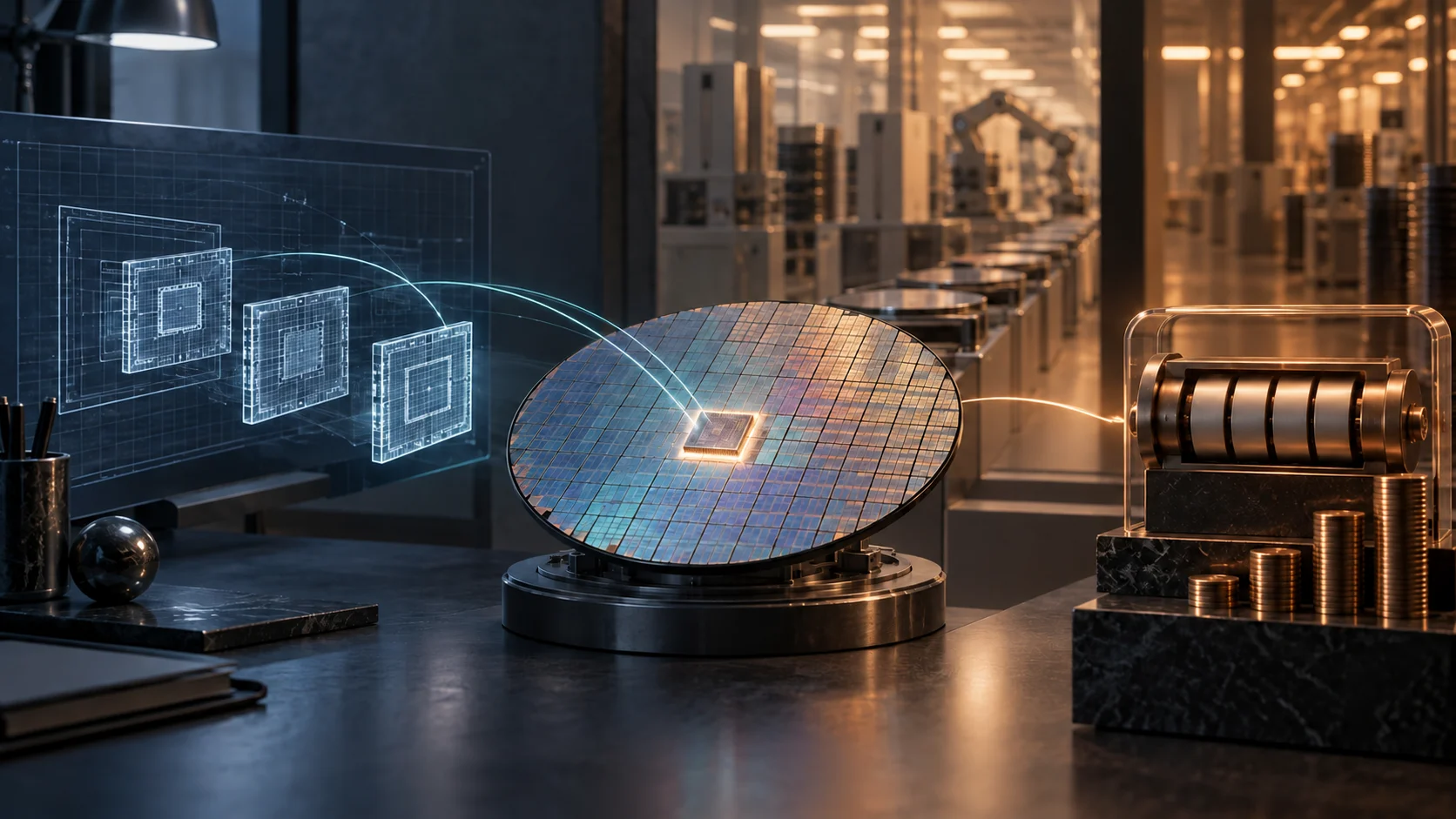 Conceptual illustration of unbranded silicon design blocks moving from a blueprint across a wafer toward an unmarked production counter.