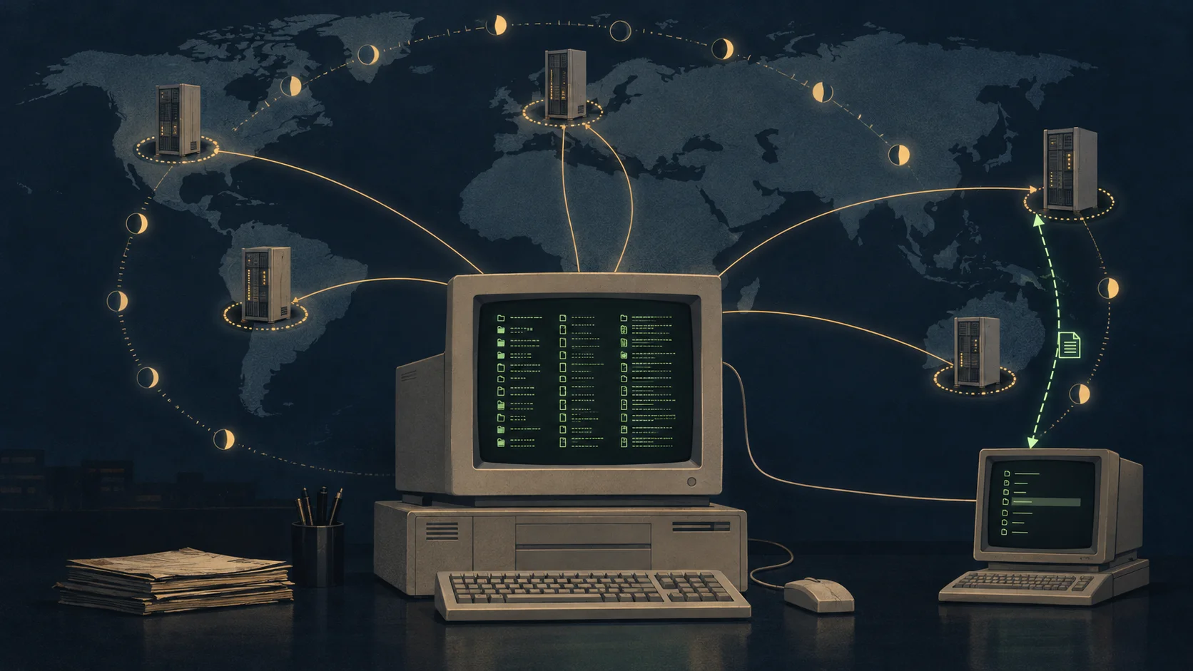 A beige UNIX workstation displays directory entries beneath a ring of remote archive servers; a separate green route connects one archive to a user's terminal.