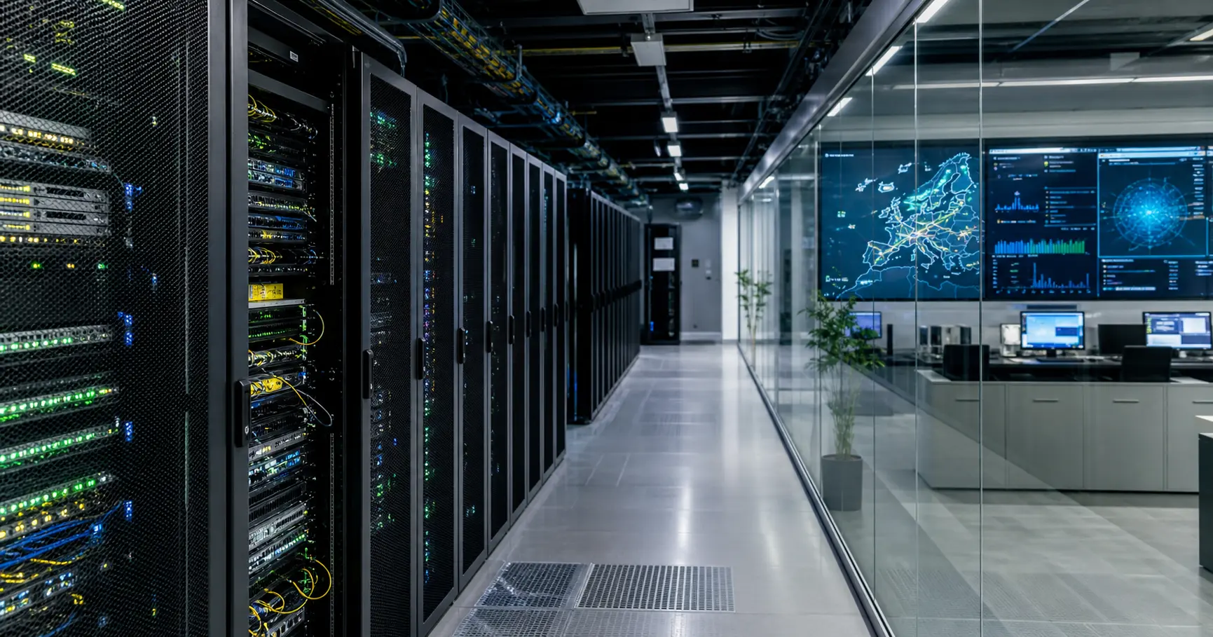Editorial illustration of European cloud and network infrastructure showing data center racks and BGP route map overlays.