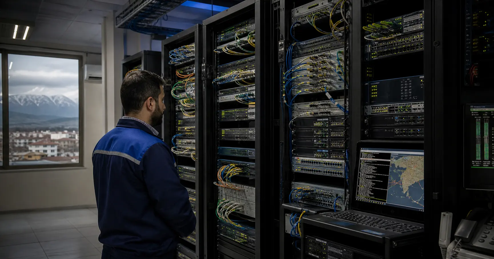 Technician monitoring network rack with BGP routing table showing PentaServer prefixes in a data center in Behshahr, Iran.