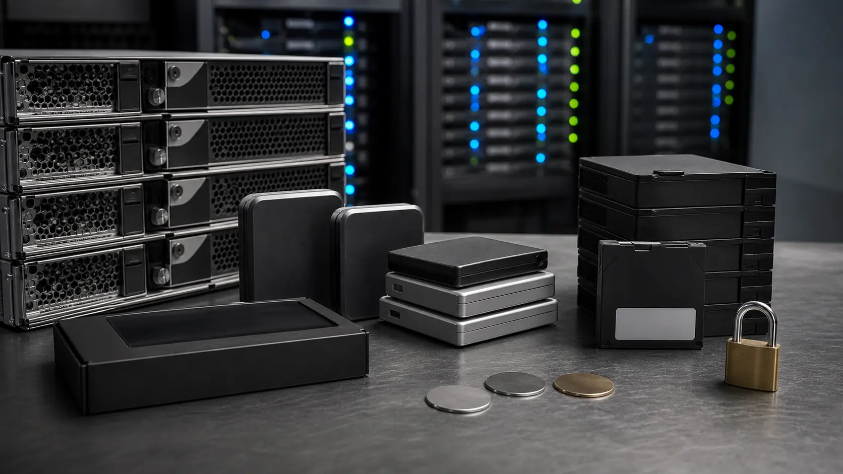 Editorial image of an unbranded render and storage pipeline bench with blank asset drives and a security lock.