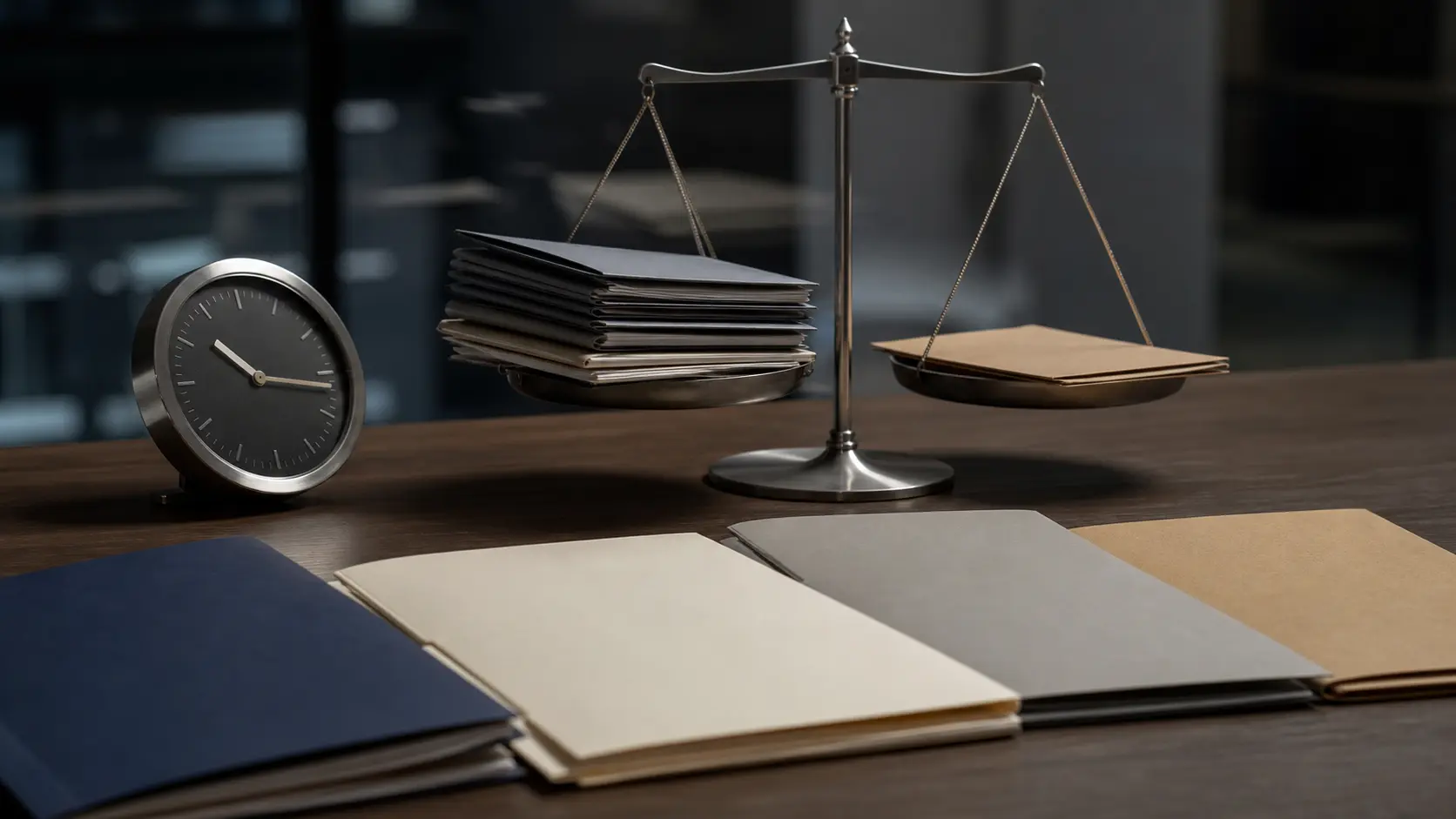A clock without readable numbers and a balance scale hold blank folders on a neutral transaction table.