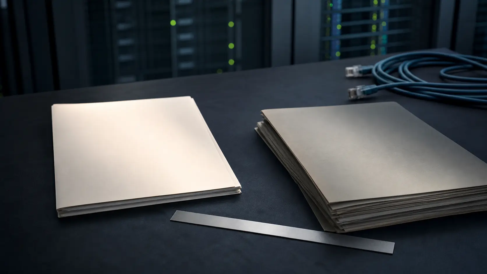 Photorealistic accounting-review still-life with one bright blank folder, one shadowed impairment folder, an unmarked metal ruler and network cables, representing IPv4 value impairment rather than physical depreciation.