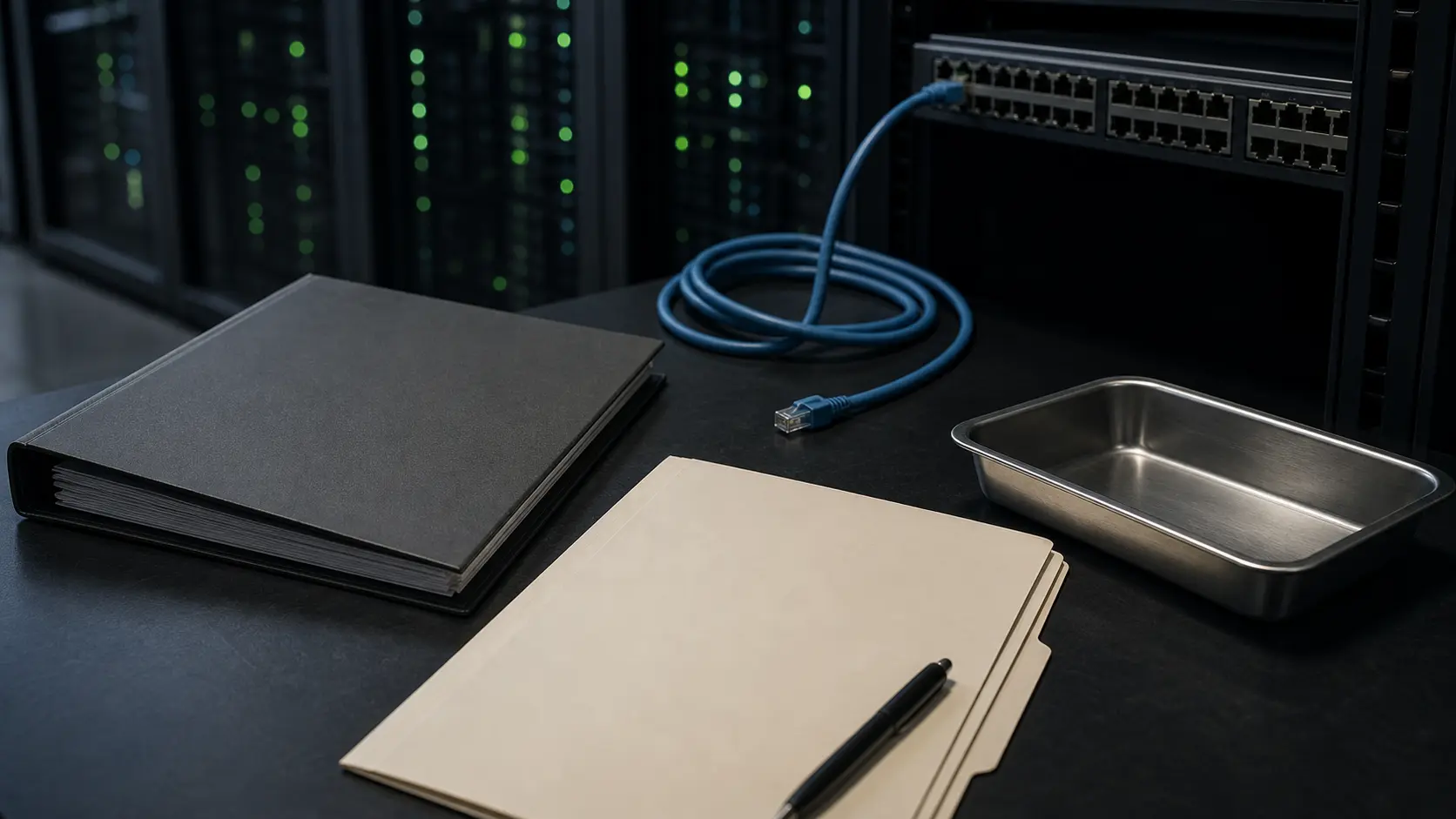 Photorealistic cyber-risk still-life with blank insurance and incident files, a displaced network cable and a plain evidence tray near server racks, representing insurance questions after an IPv4 hijack.