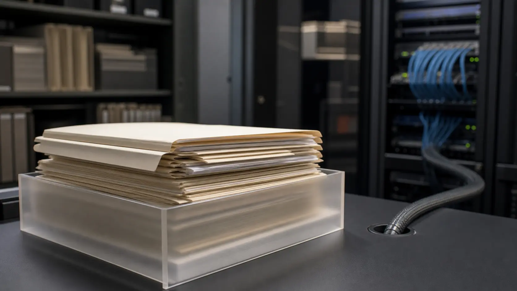Photorealistic institutional records still-life with blank legal folders in a frosted tray connected by a cable path to blurred server racks, representing bankruptcy-remote IPv4 finance that remains registry-dependent.