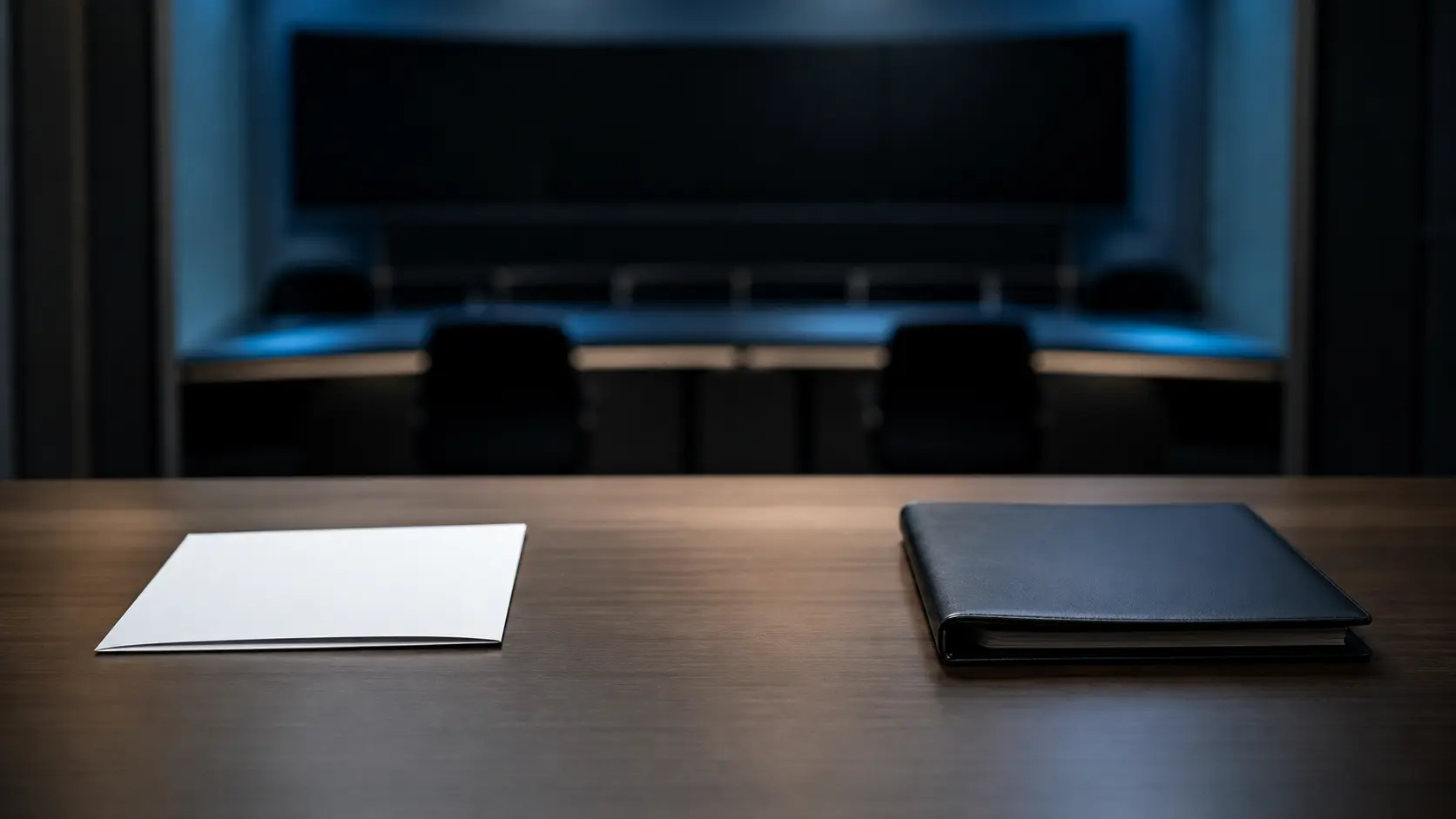 Photorealistic control-room table with a blank certificate sheet separated from a closed operator-control binder, representing the gap between RPKI proof and routing action.