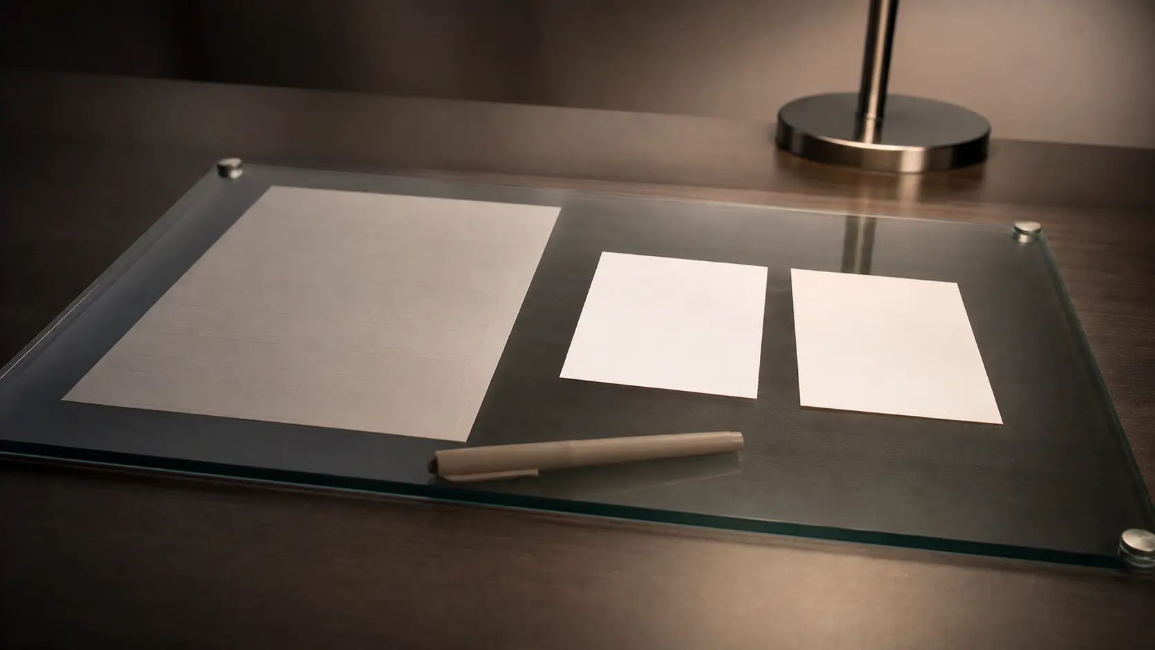 Photorealistic review desk with a blank form under glass and two adjacent blank prefix cards, one slightly misaligned, representing an RPKI MaxLength typo.