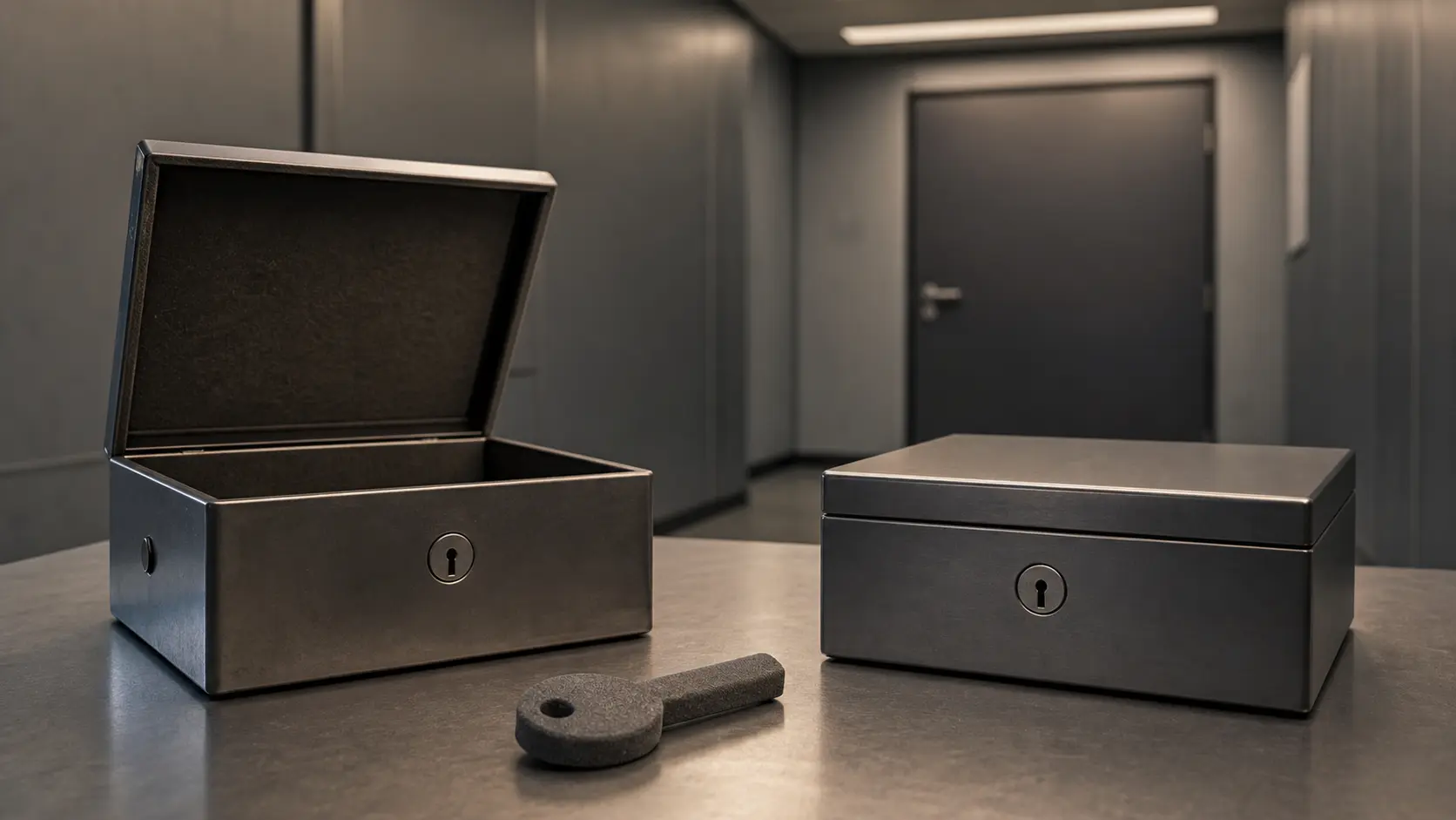 Photorealistic secure room with one open and one closed unmarked lockbox and a plain key-like object, representing delegated RPKI key autonomy.