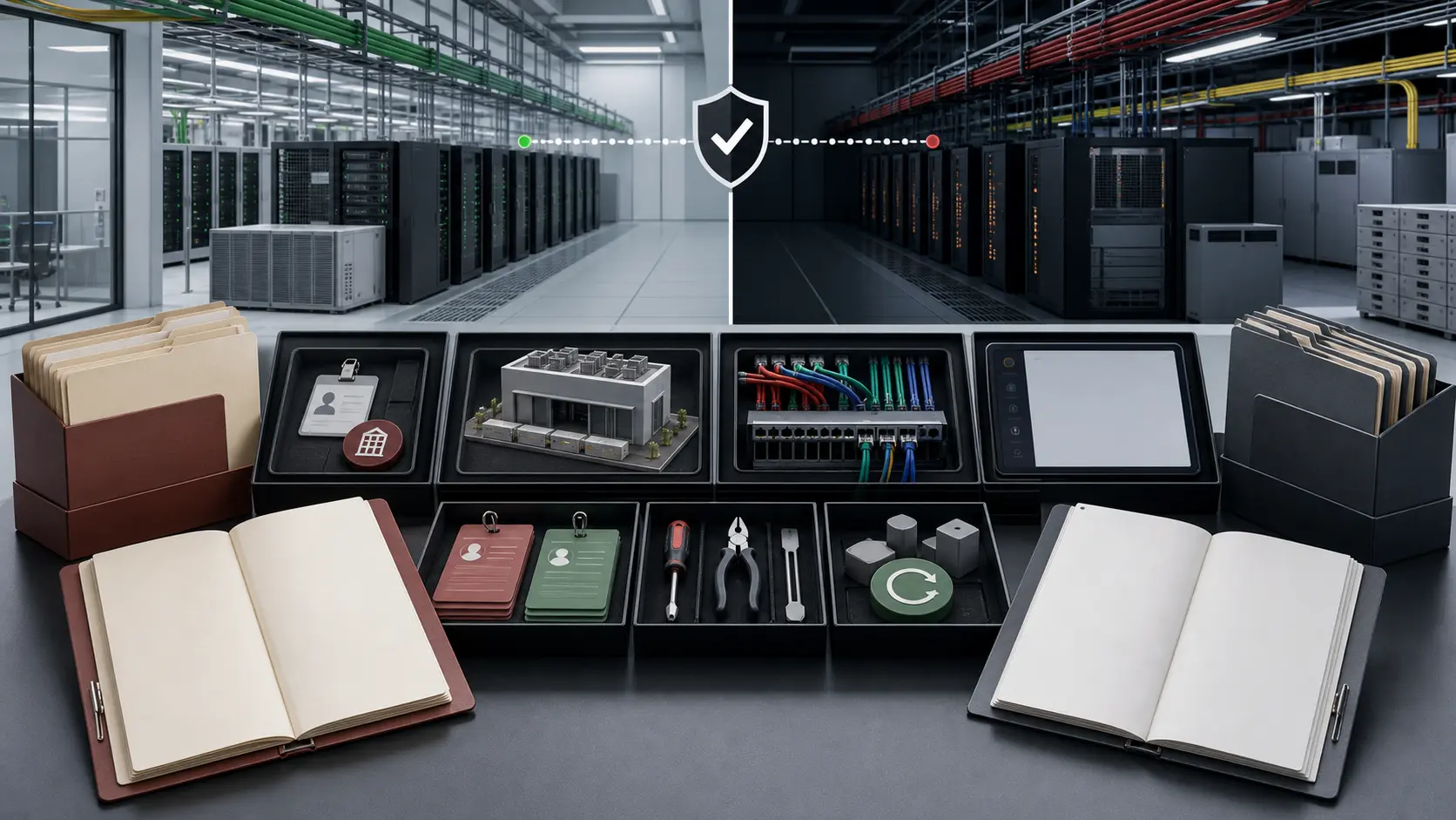 Editorial illustration of corporate, data-center, network, portal, support and recovery records being checked before a cross-border infrastructure service name is trusted.