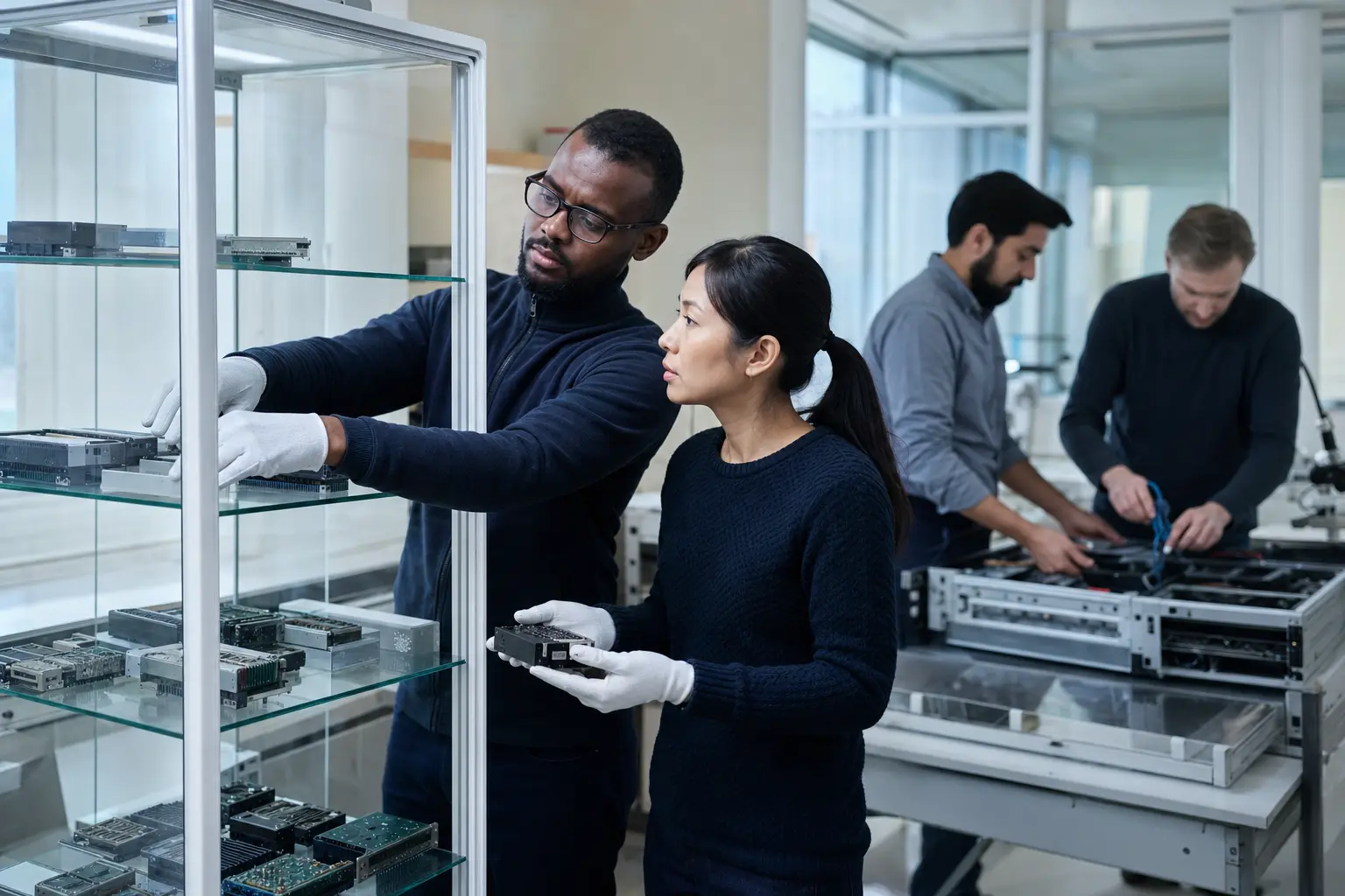 Photorealistic editorial scene of technicians carefully sorting unmarked precision components into a transparent archival cabinet beside an active network laboratory.
