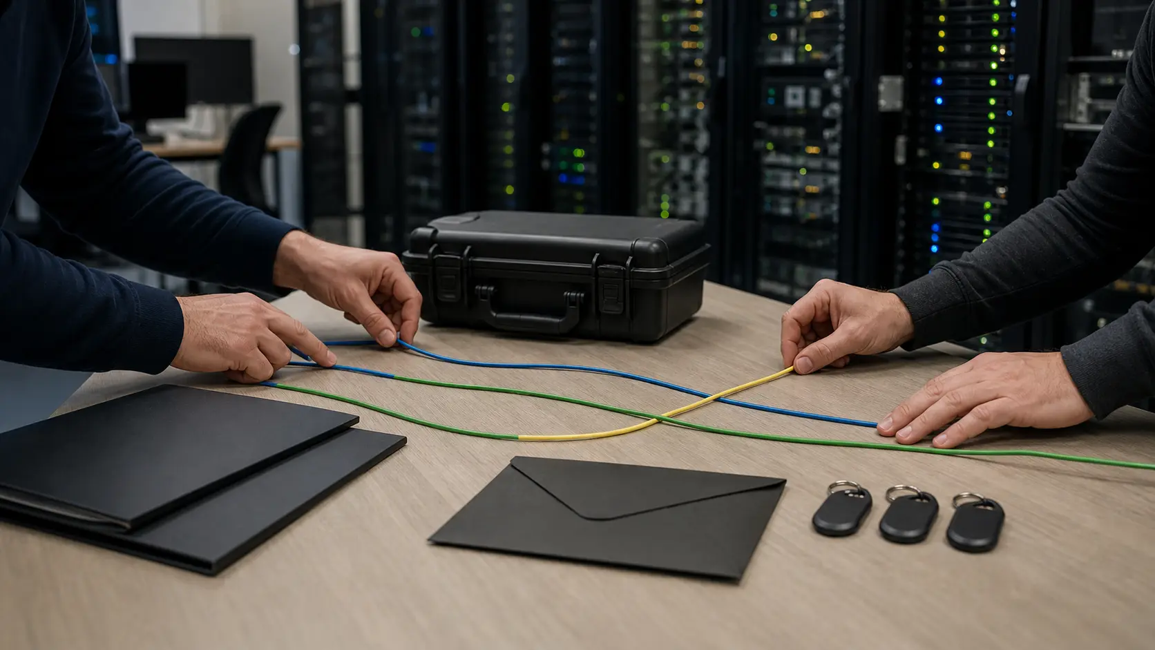 Dutch network handover desk with technicians tracing separate cables between racks, recovery case, access tokens and sealed records.