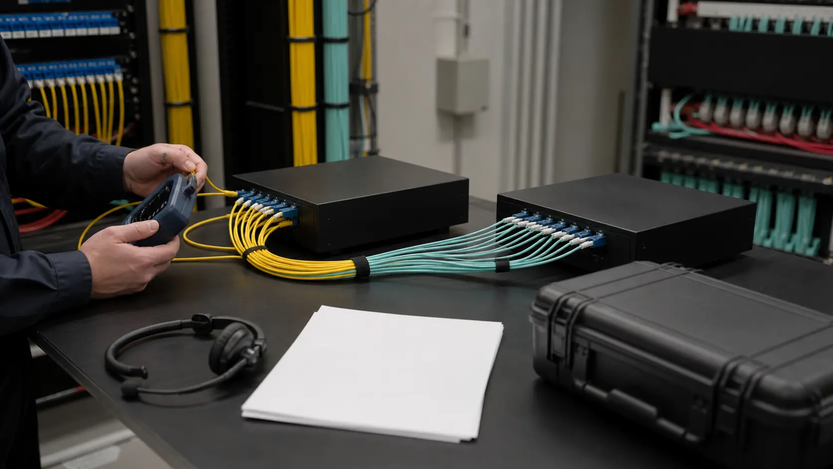 Carrier-network workbench with two fibre handoffs, unbranded routers, blank service records, patch field and support headset.