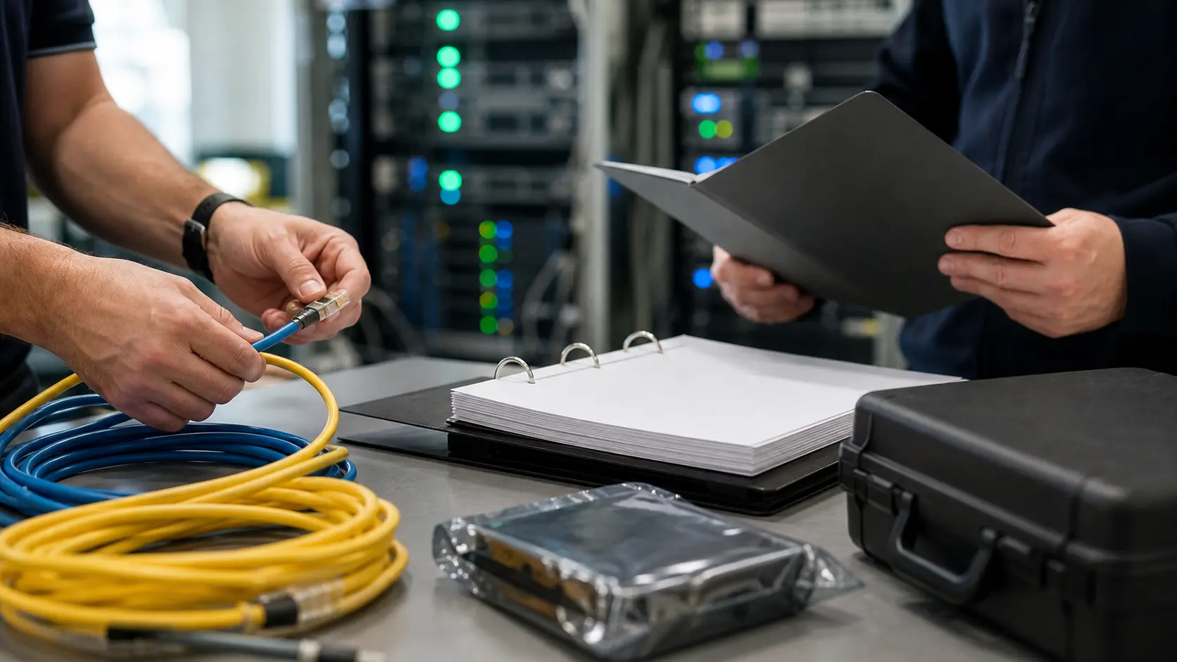 Western Australian network-services room with engineer, service manager, modest rack, backup media, binder and support handset.