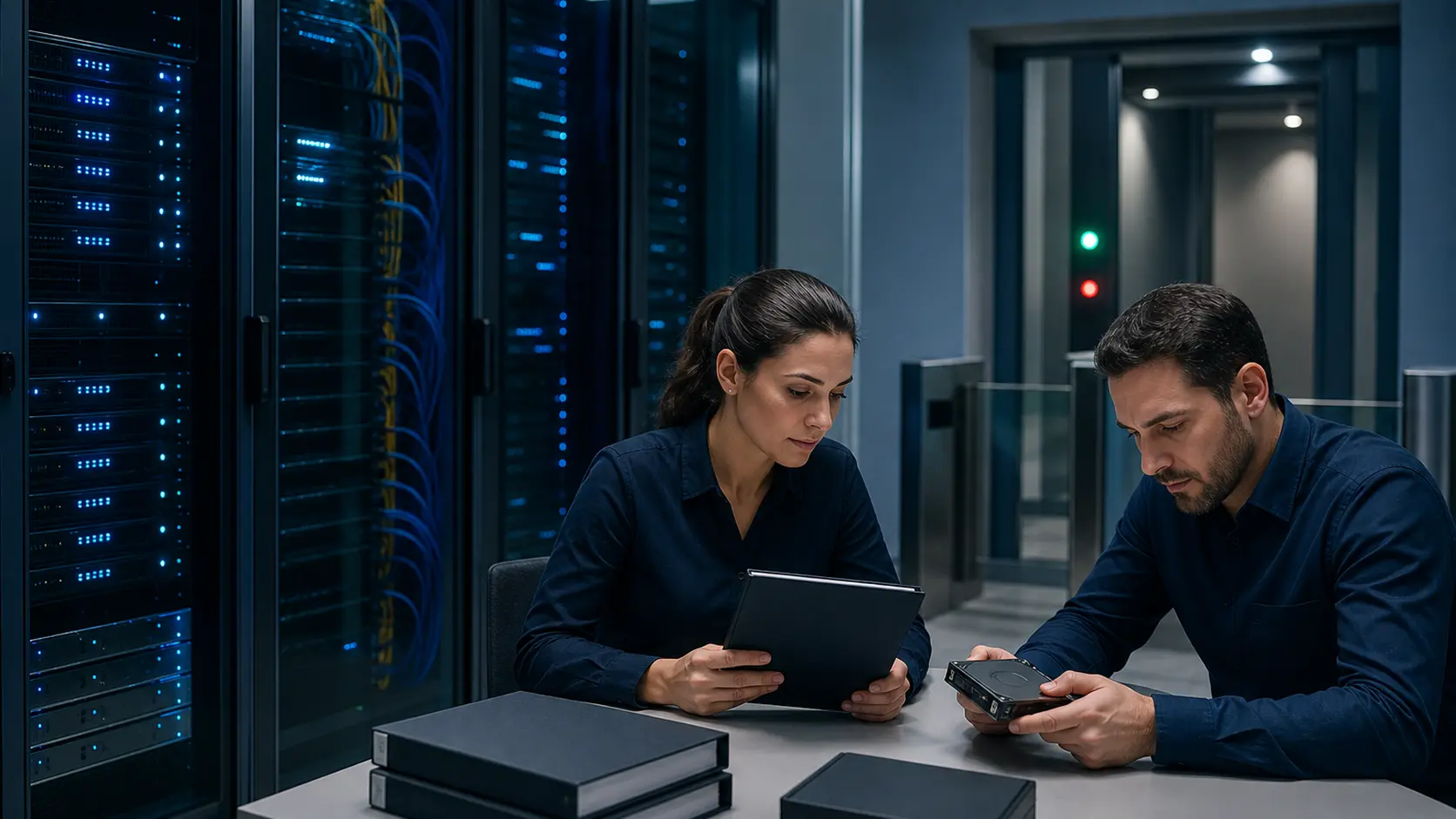 French managed-cloud recovery room with glass server aisles, storage hardware, access checkpoint and support engineers reviewing binders.