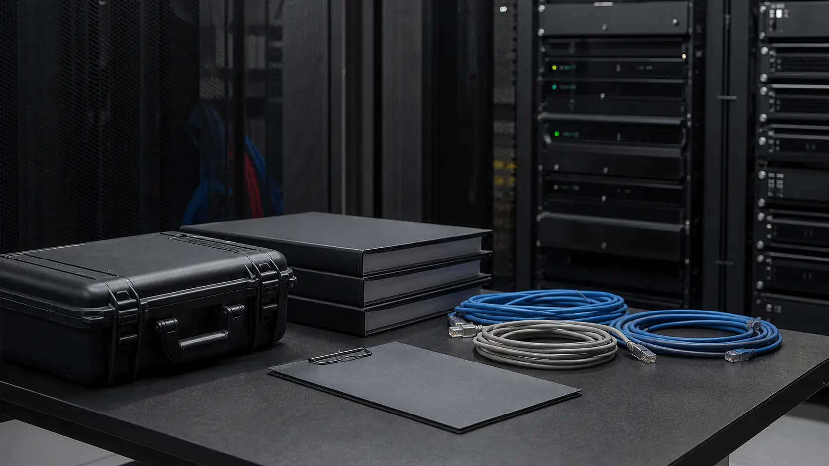 Unbranded cloud service assurance workbench with sealed cases, blank binders and network cables for CloudWebManage-EU coverage.