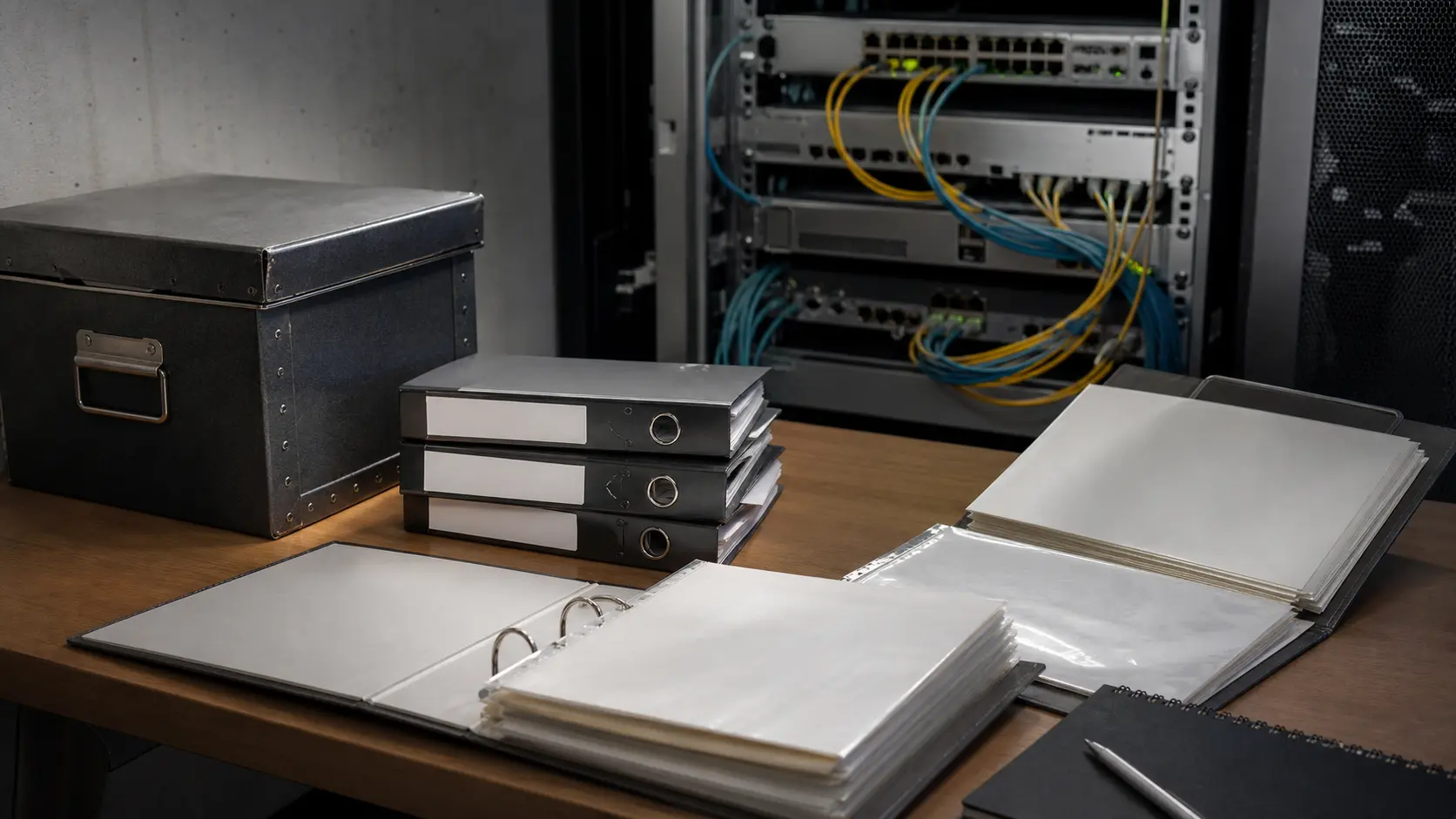 Editorial image of blank company records beside unbranded network equipment for platinumhedgehog review.