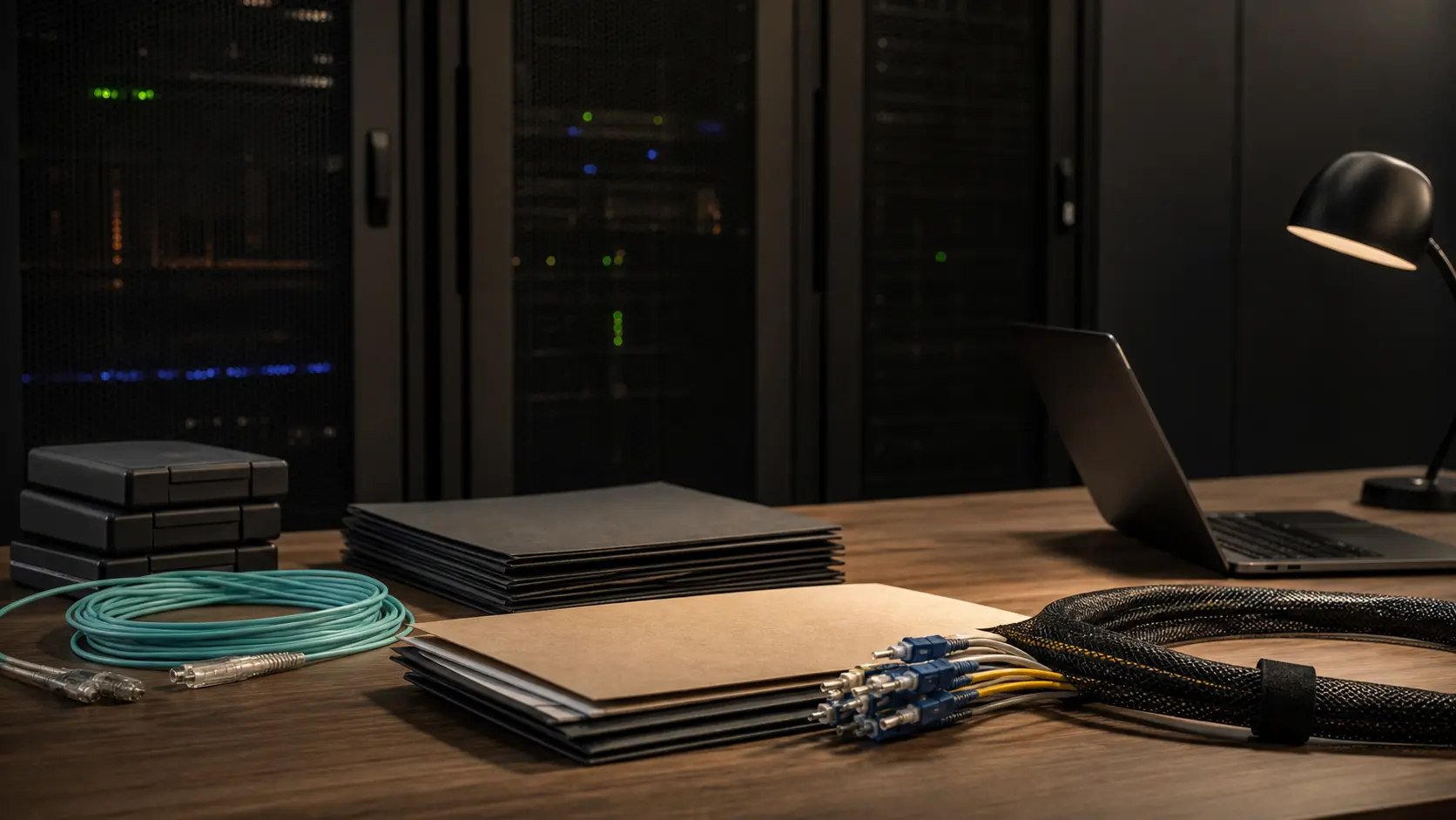 Editorial image of blank cloud-service records and unbranded infrastructure equipment for Qemugen Cloud review.