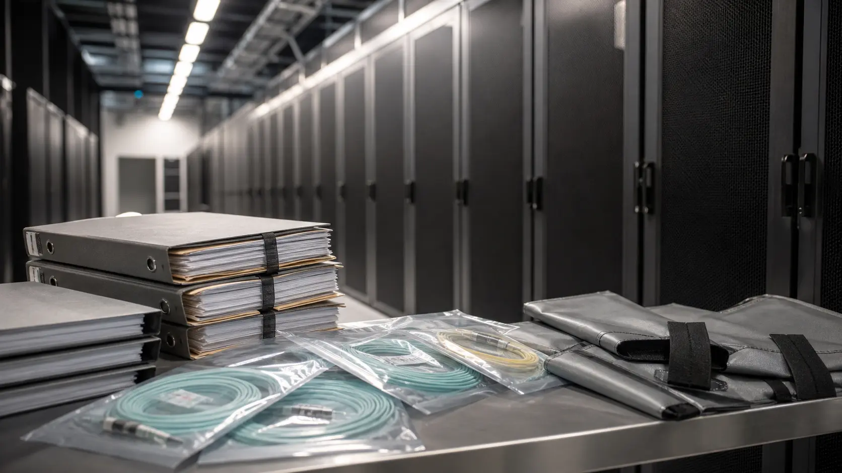 Editorial image of plain facility records and sealed fiber sleeves for TornadoDatacenter review.