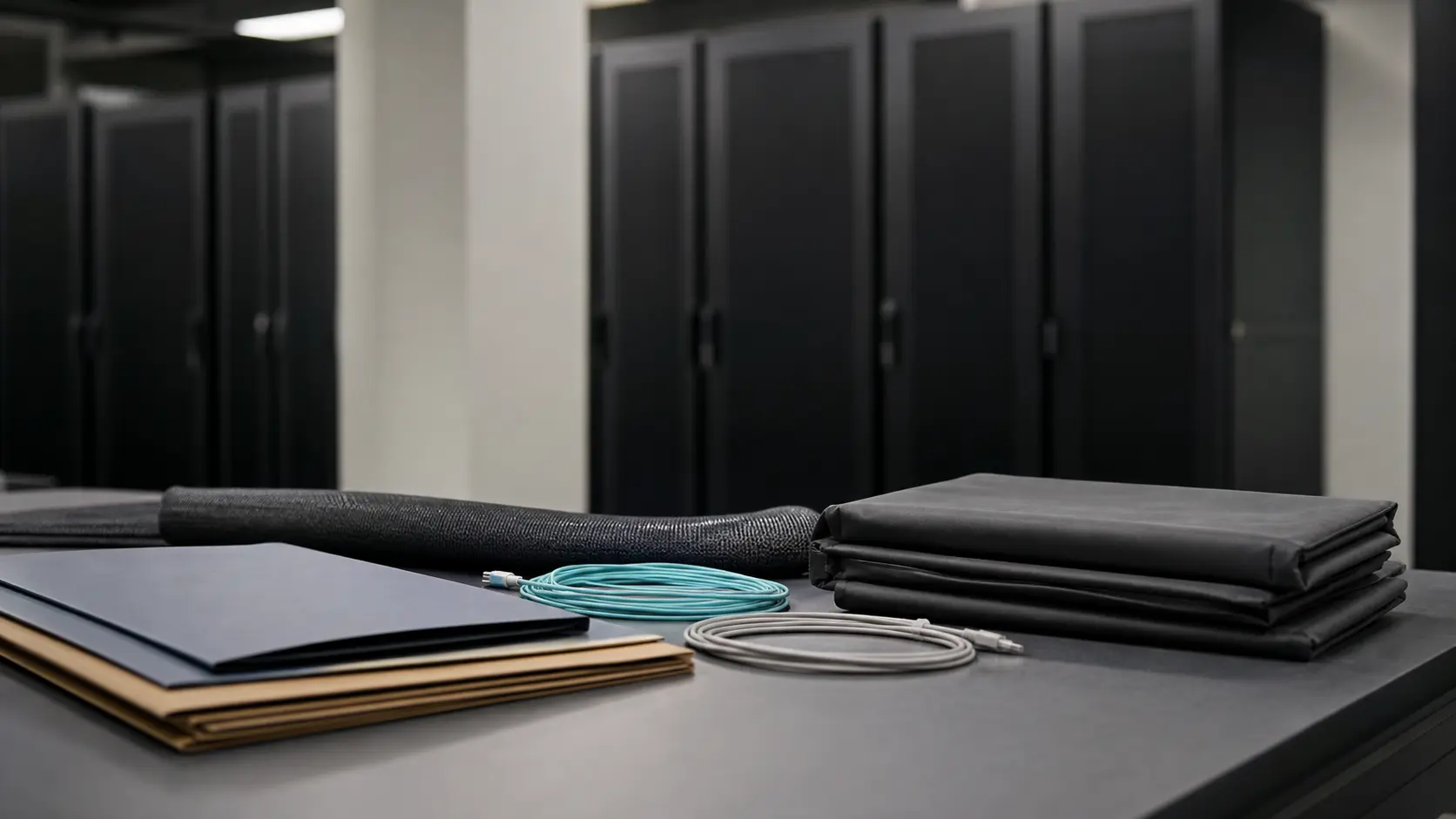 Editorial image of plain cloud-service folders and closed rack cabinets for tycloud review.