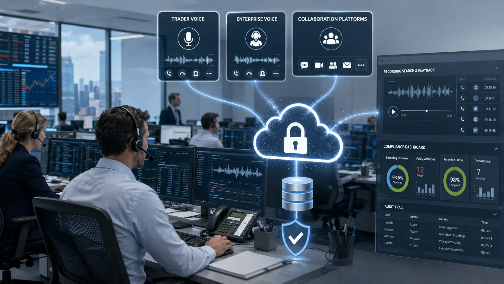 Editorial illustration of a financial trading environment with a cloud compliance recording interface