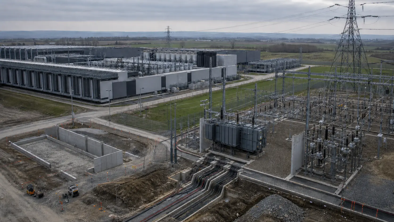An unbranded data-centre campus beside a constrained electrical substation and an unfinished grid-connection bay.