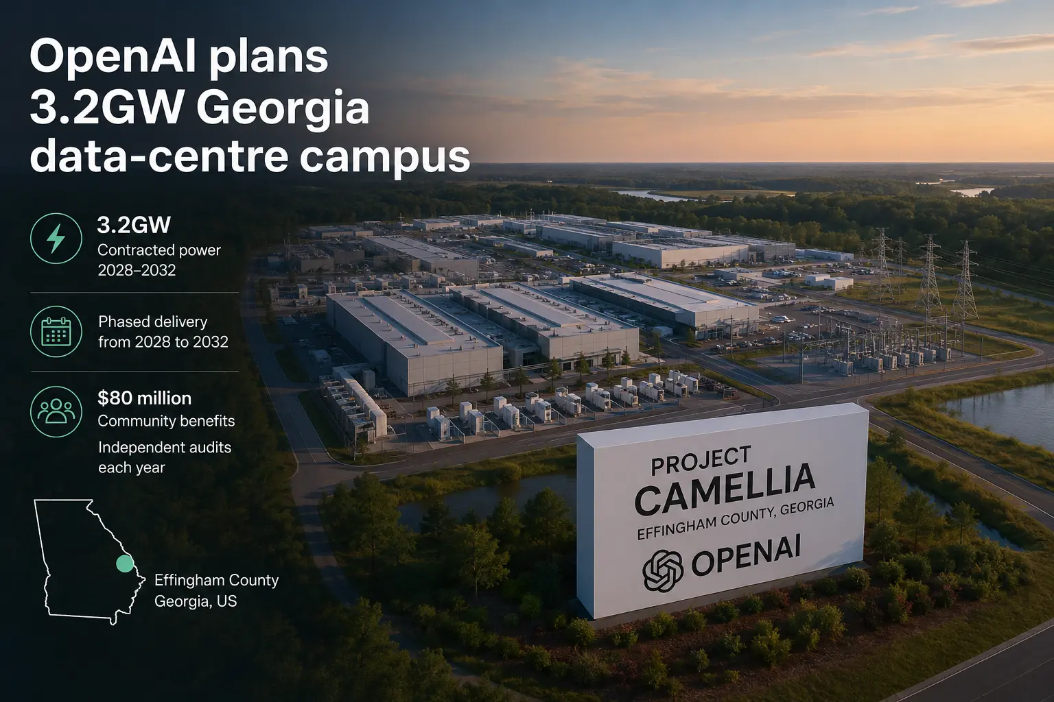 Illustration of OpenAI’s planned 3.2GW Project Camellia data-centre campus in Effingham County, Georgia.