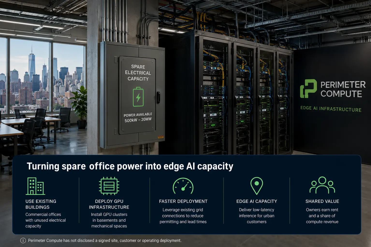 Editorial illustration of GPU server racks installed beside office space and electrical equipment in a commercial building