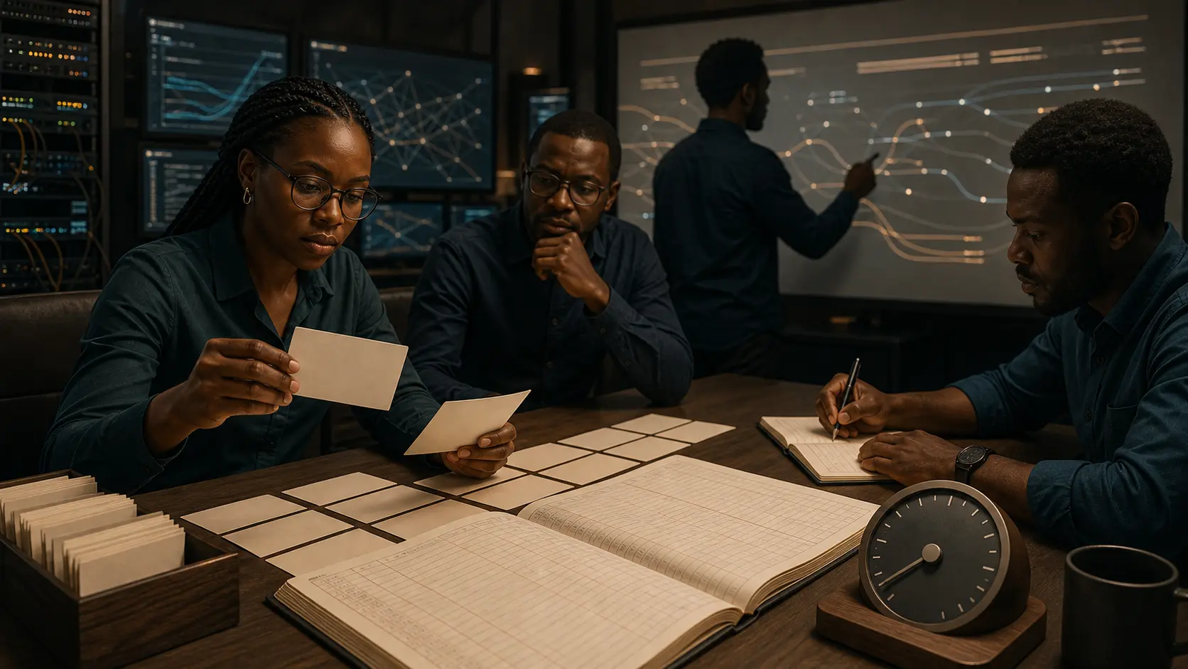 AI-generated editorial illustration of an African network operations team checking blank IPv4 address blocks against a utilisation ledger and neutral time horizon; not a real AFRINIC system or event.