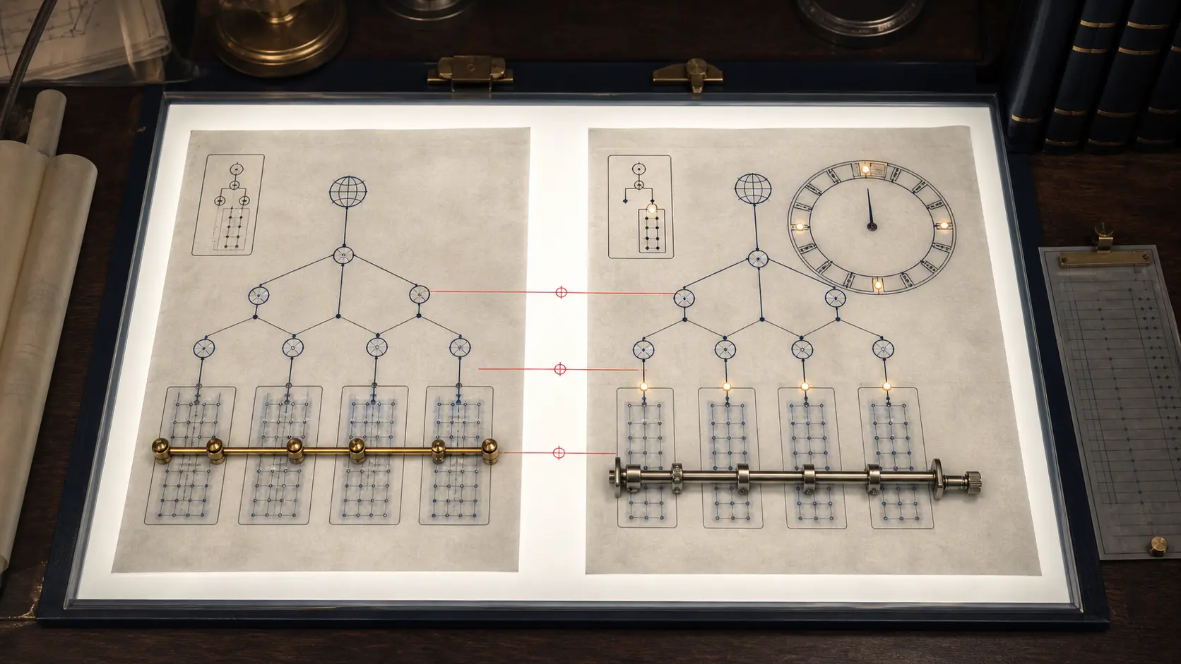 Conceptual editorial image of paired policy tracing sheets on a light table, contrasting D1’s continuity bridge with D2’s lit network branches, twelve-segment clock and removable reverse-DNS service coupler.