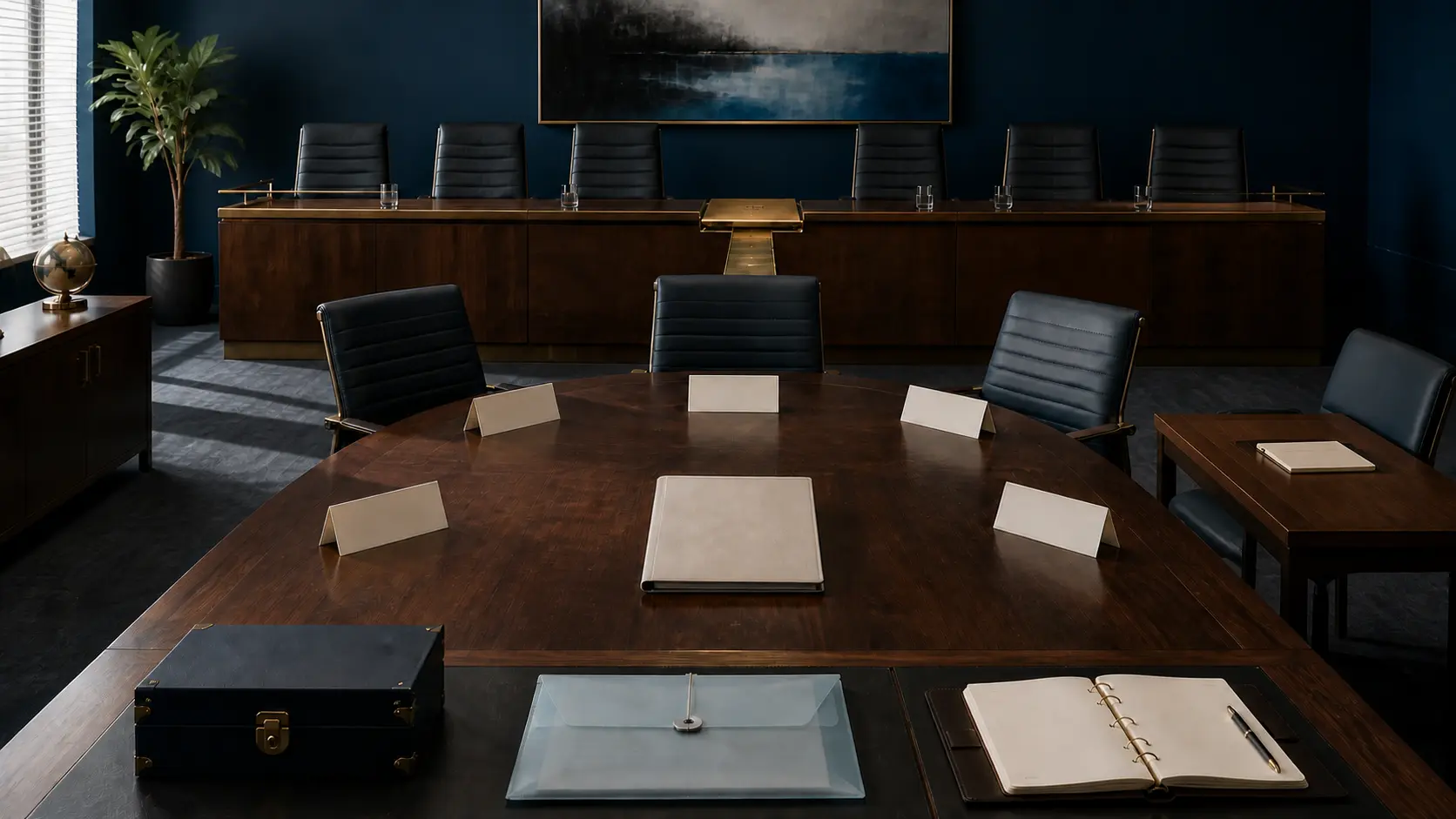 Conceptual private boardroom charter showing five committee places, one non-voting secretary and adviser place, protected candidate files and a return path to the Board