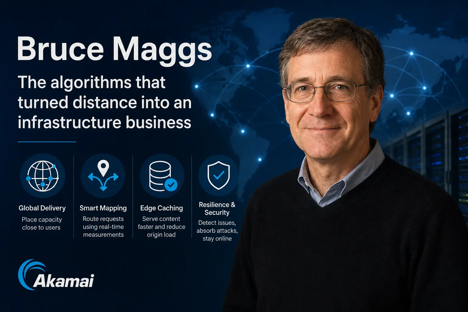 Bruce Maggs beside a global network showing origin and distributed edge servers