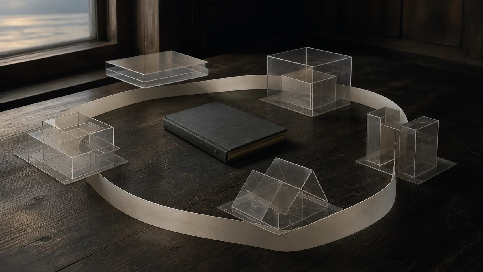 Conceptual editorial still life of AFRINIC’s modest technical ledger inside five suspended translucent architectural frames, held in place by a blank court-paper boundary representing restraints on relocation, takeover, merger, restructuring and management control; not a real court, order, AFRINIC facility or registry system.