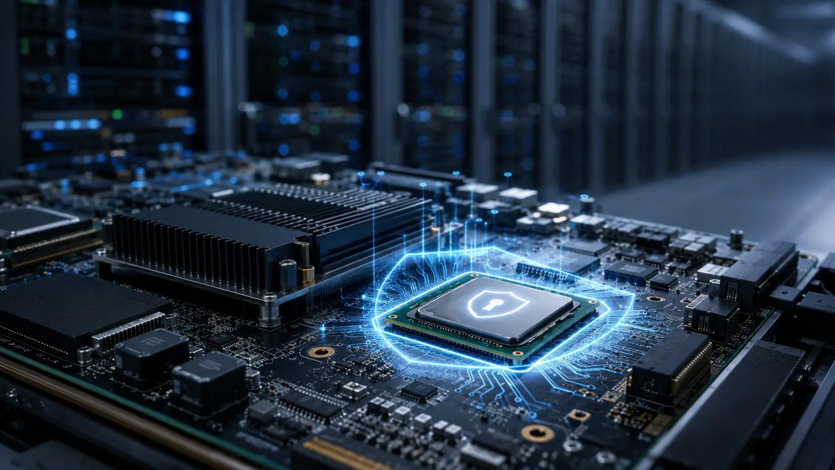 AI-generated editorial illustration of a secure root-of-trust chip embedded on a data-centre server motherboard, with illuminated circuitry and server racks behind it.