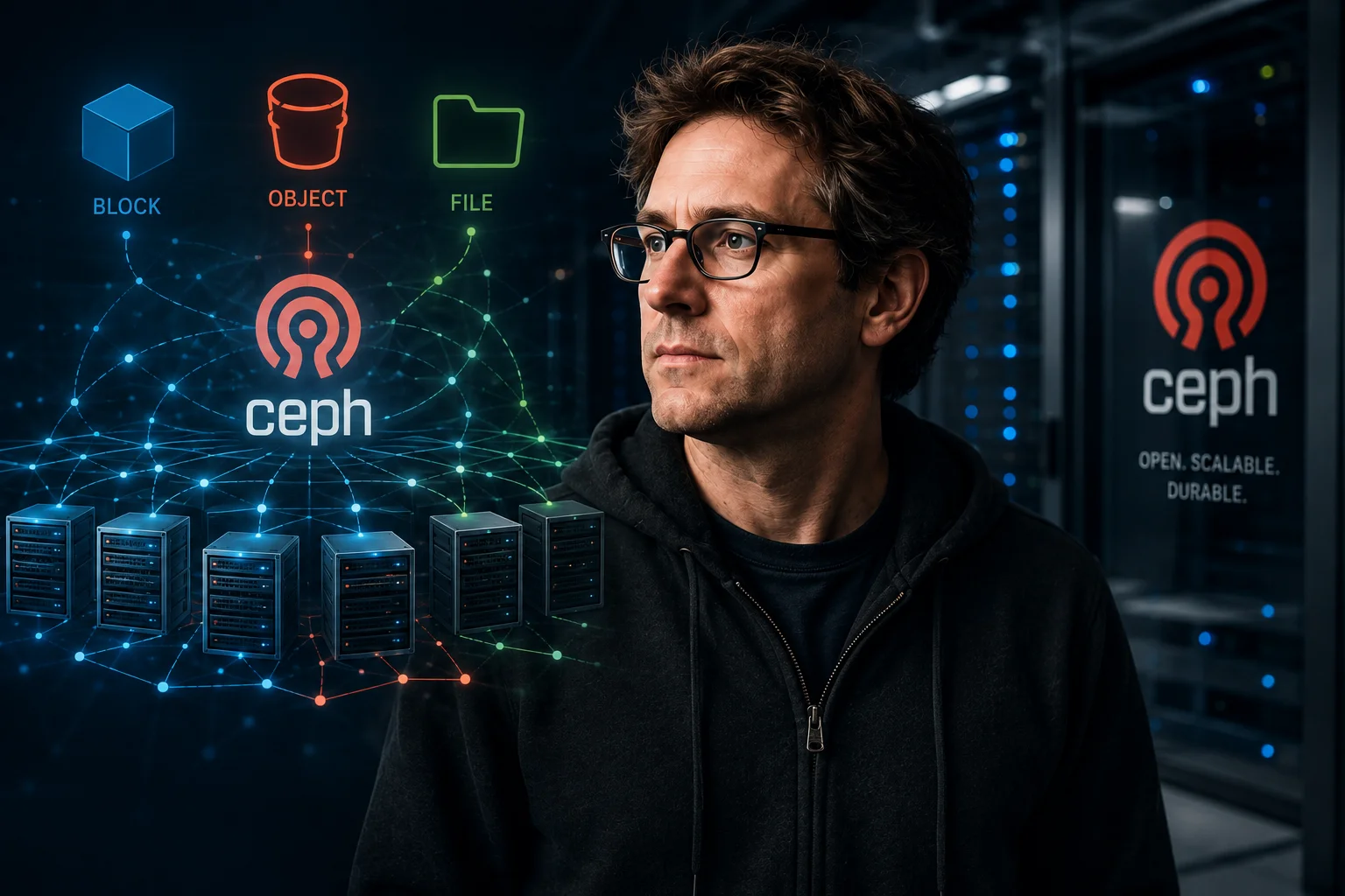 AI-generated editorial illustration showing a bespectacled man in a data centre beside Ceph distributed-storage nodes and block, object and file storage symbols.