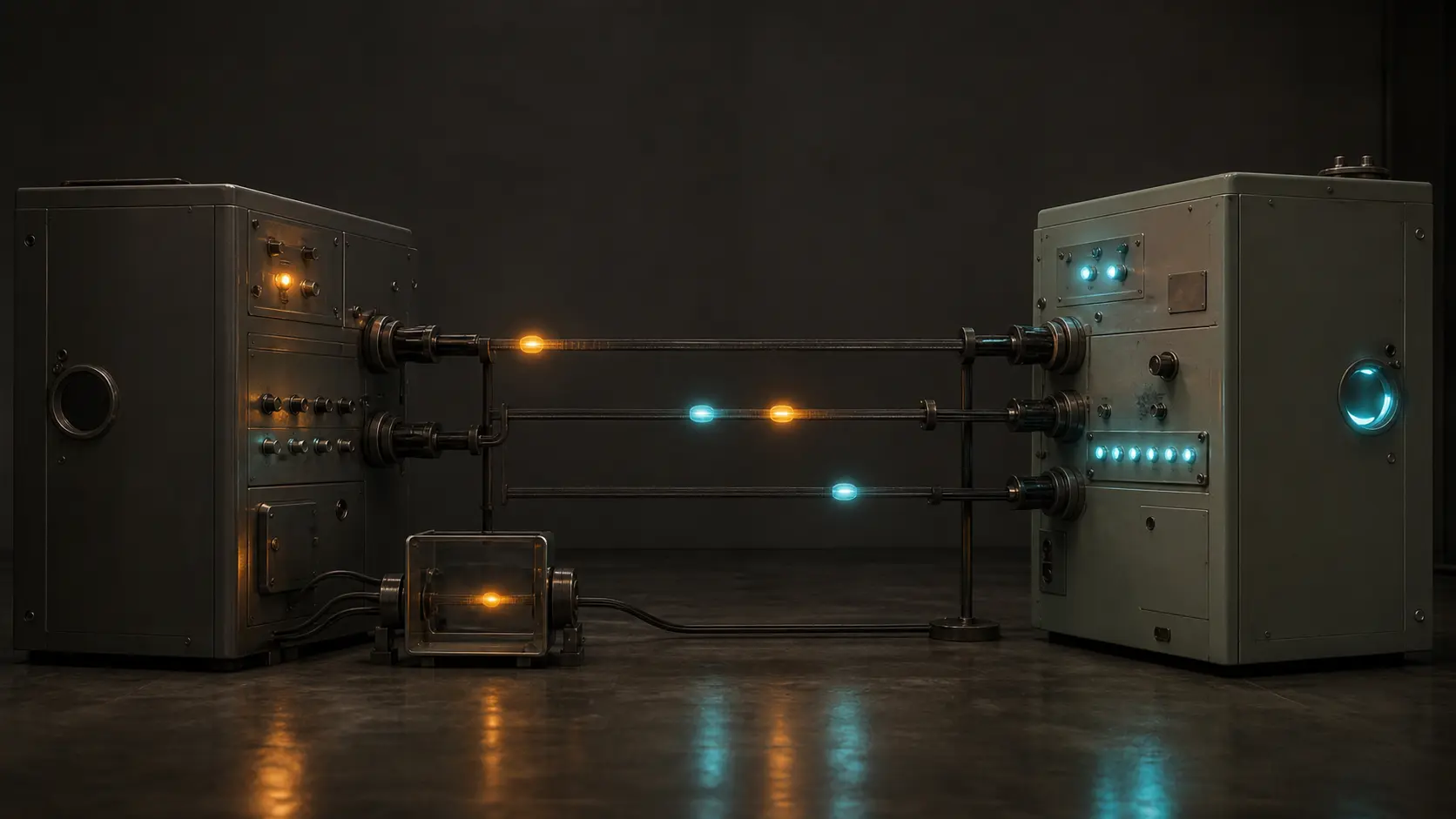 Two blank early-network endpoint cabinets exchange three amber and cyan light pulses while one dim older pulse remains isolated below the current connection