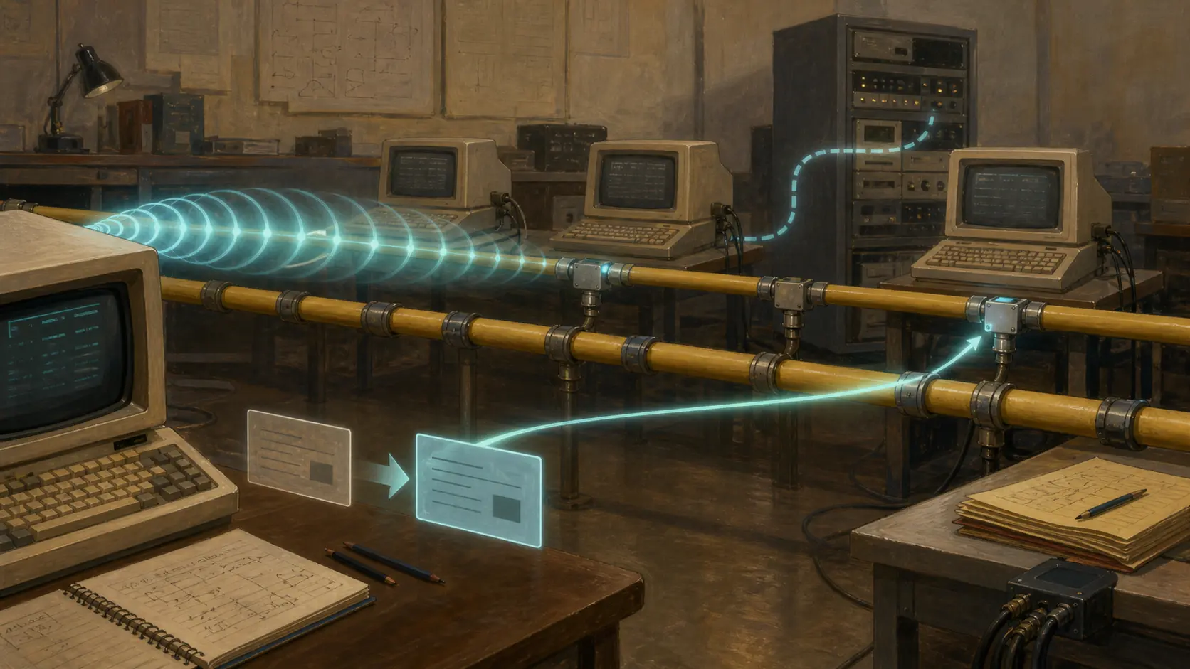 A warm early-1980s Ethernet laboratory where a cyan broadcast pulse travels along thick coaxial cable to several workstations, a single reply returns, and one translucent cache card replaces another