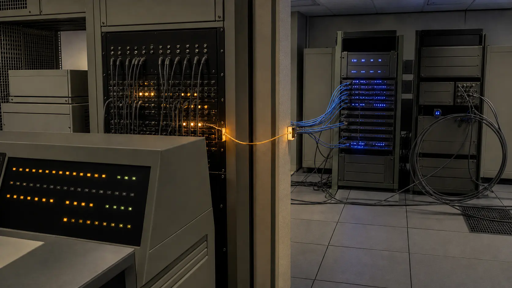 A blank late-1980s resolver console faces two separate network equipment areas joined by one narrow amber jumper, with cool-blue activity continuing on the child side and an unused cable loop beside it