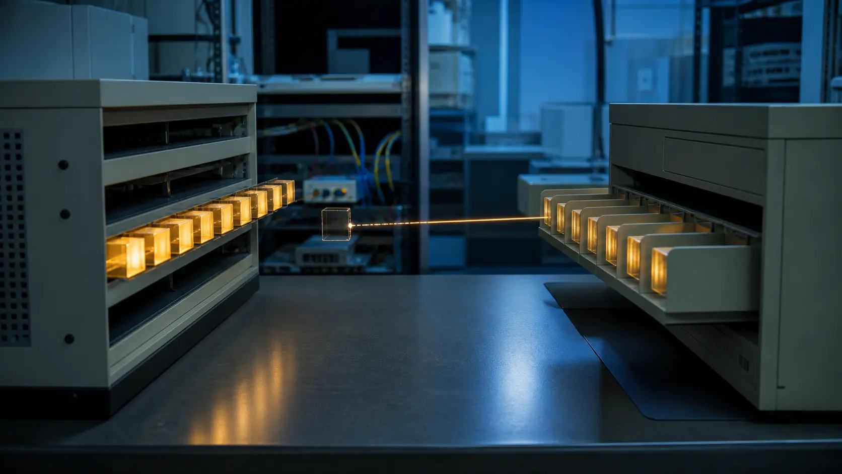 Opposing late-1990s network racks hold amber packet modules while a return beam points to one missing position between them