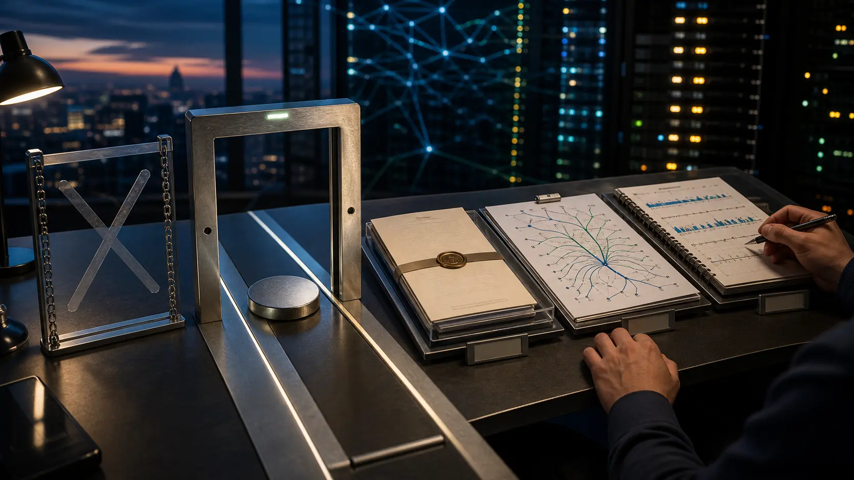 One open ASN assignment gate leads to three evidence stations for identity and prefix control, routing policy, and implementation monitoring.