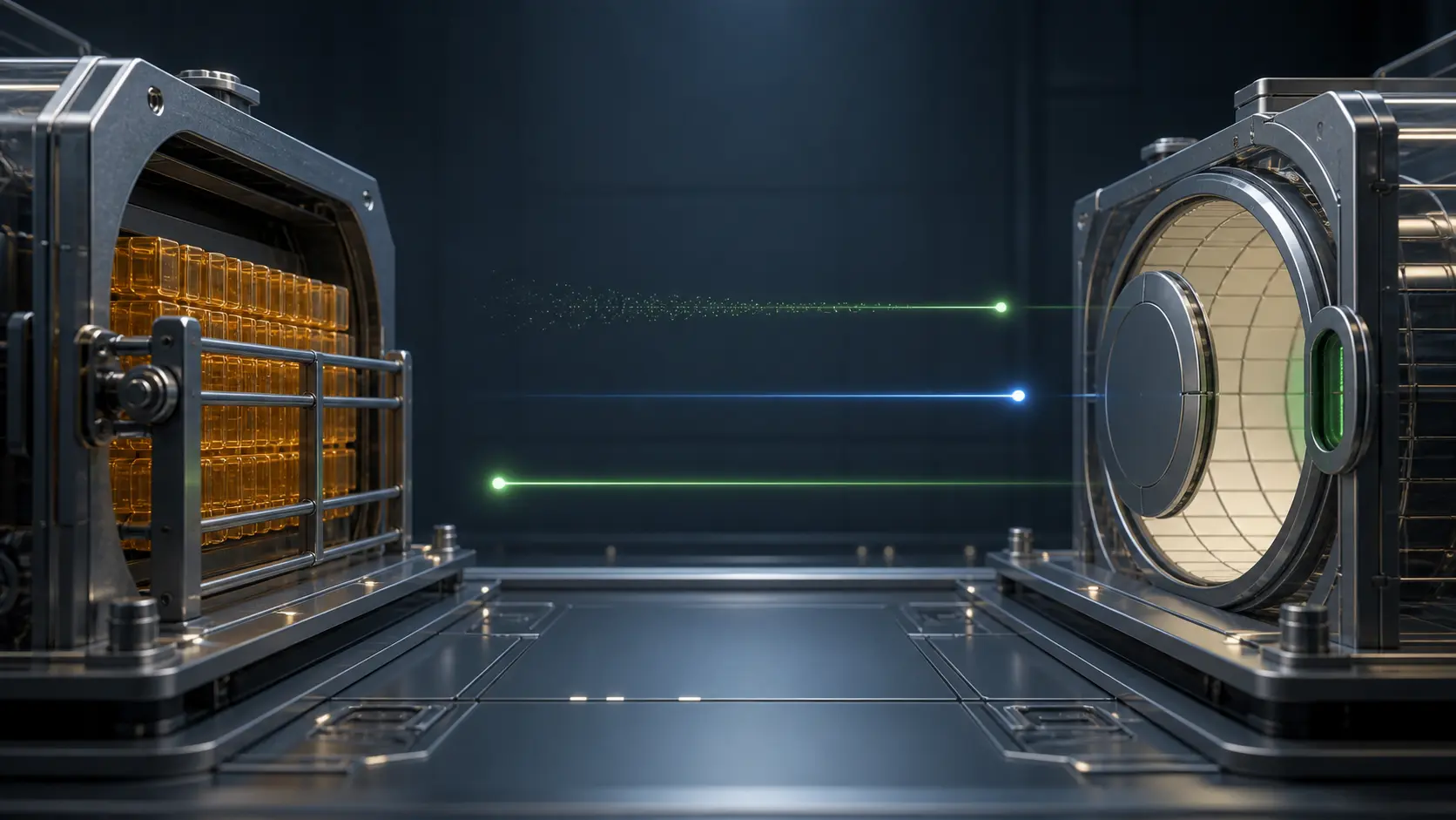 An intact sender retains amber data blocks behind a gate while one blue probe crosses toward a closed receiver and two green return signals show a lost and renewed window update