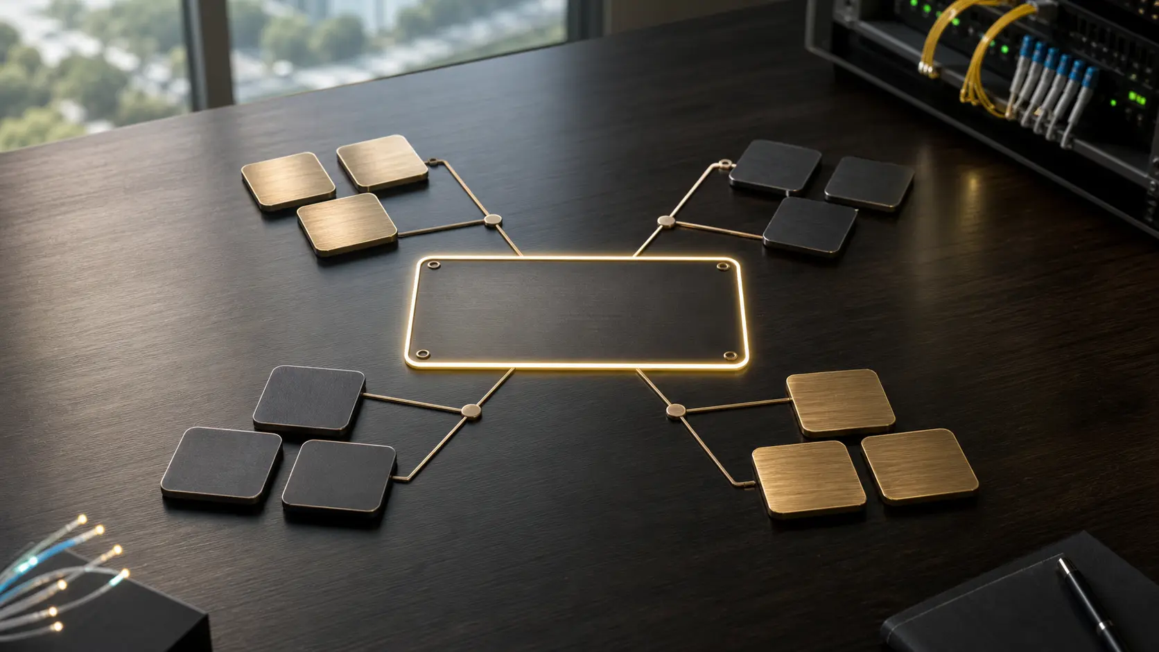 Twelve brass and graphite governance tiles converge on an illuminated but still empty master rules plate at a regional network-operations desk.