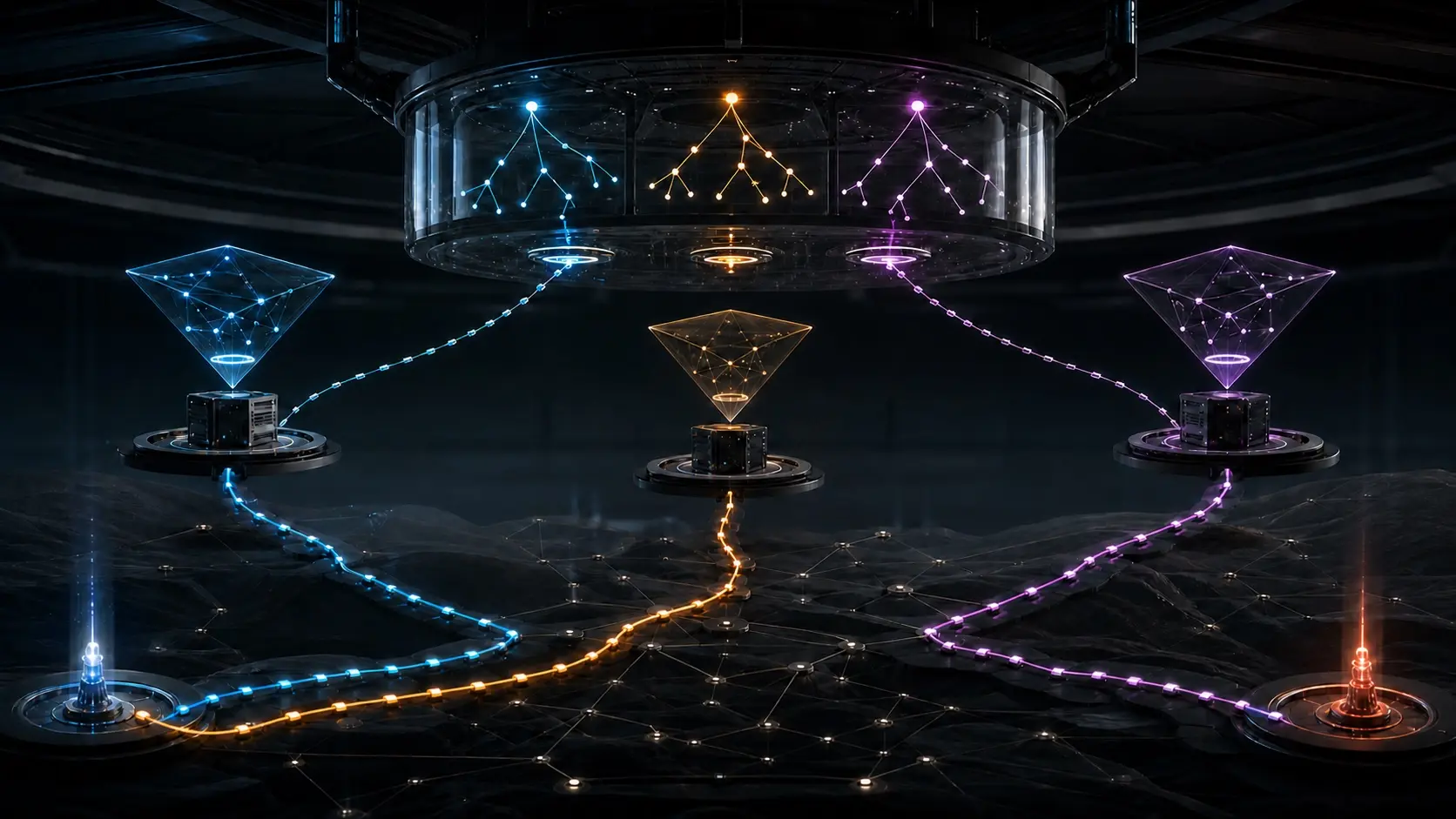 Three logical topology viewpoints above an off-path reflector compute different client-specific exits while the physical forwarding plane remains separate below.