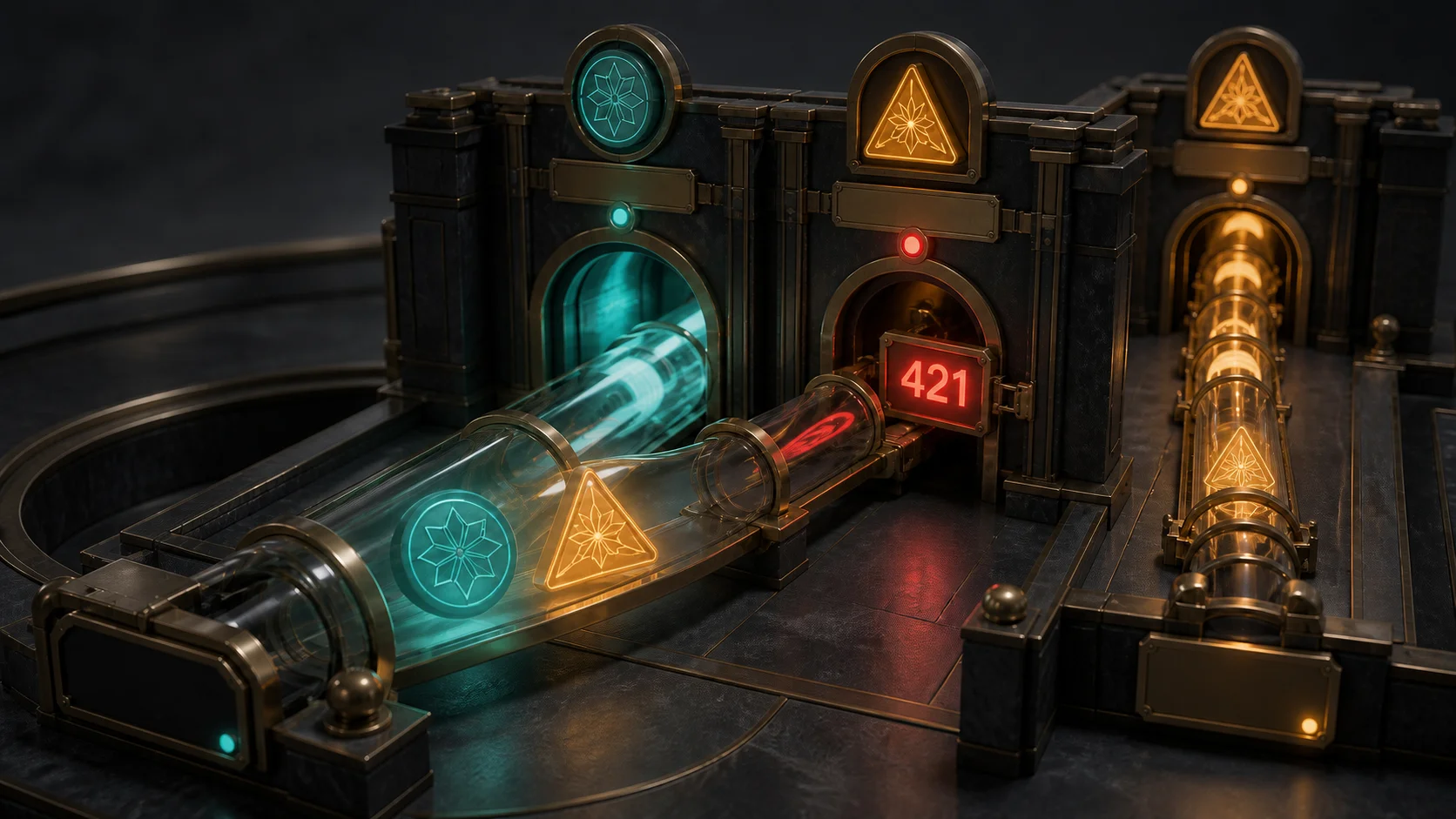 One glass conduit carries two origin seals; the teal seal passes while the amber seal meets a gate marked 421, and a separate amber conduit remains available