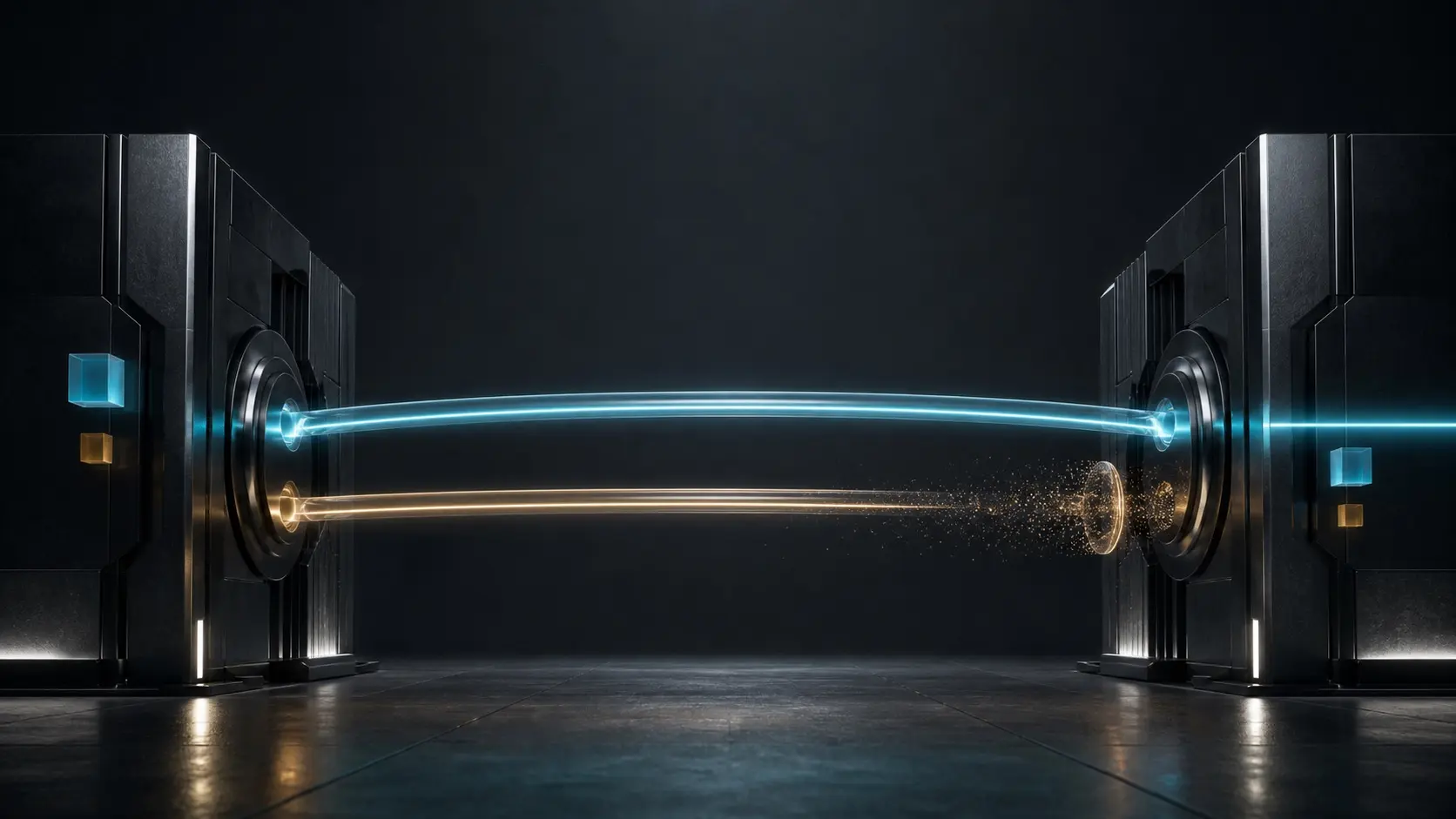 Two luminous connections span the same dark routing gateways; a cyan session continues while an amber duplicate dissolves at a precise termination ring.