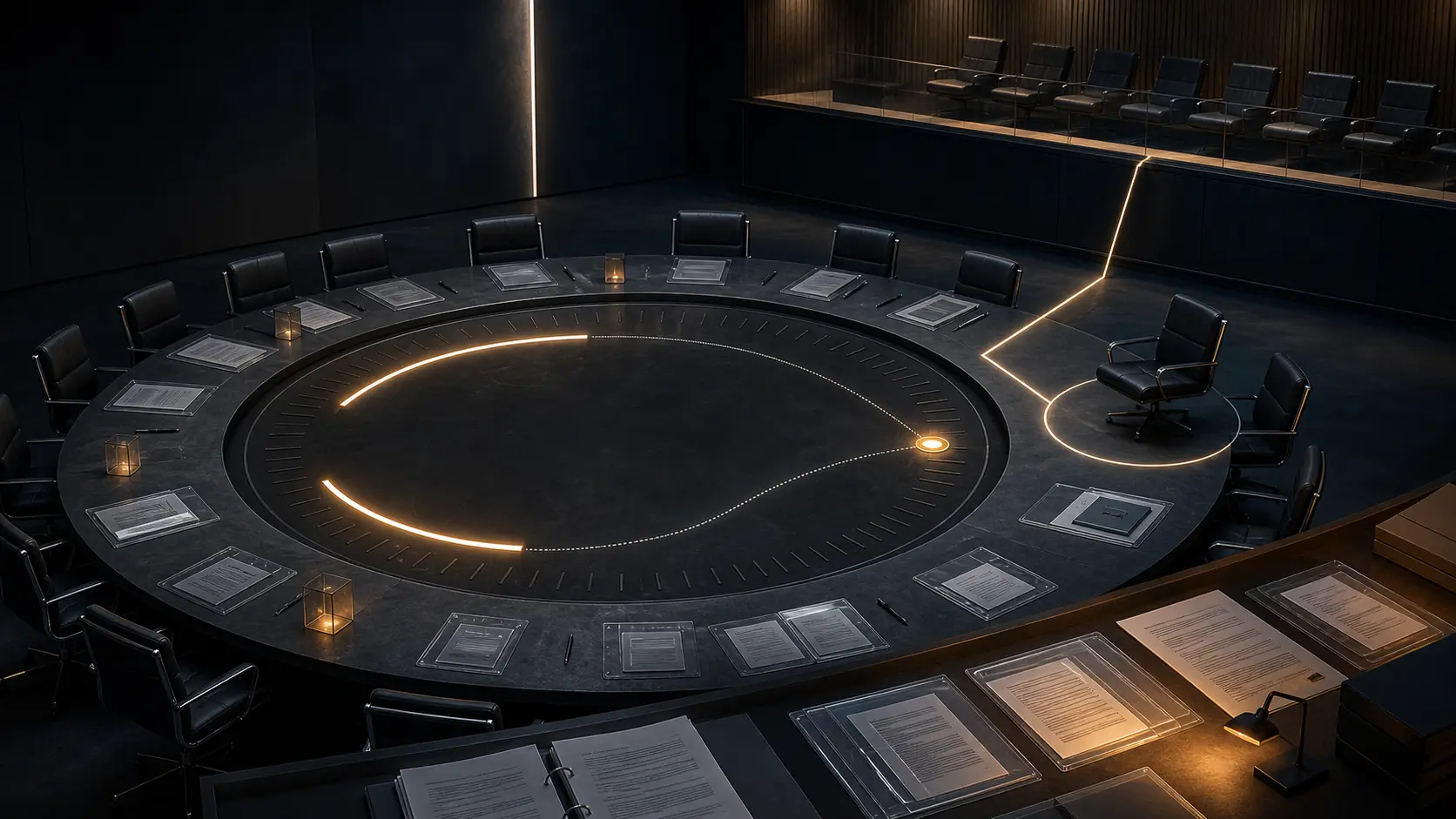 An incomplete circular term clock in a governance chamber, with two possible starting arcs and a liaison chair linked to a Board gallery