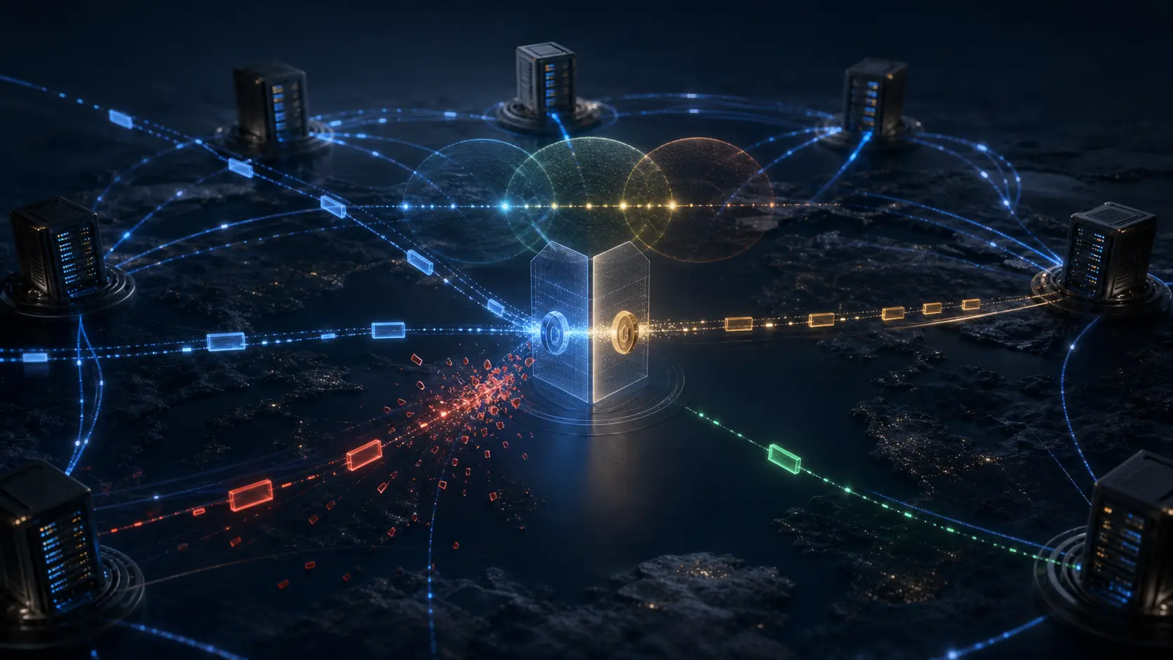 A DNS anycast network exchanges paired client and server tokens through a narrow verification gate while forged packets break apart and three secret epochs overlap.