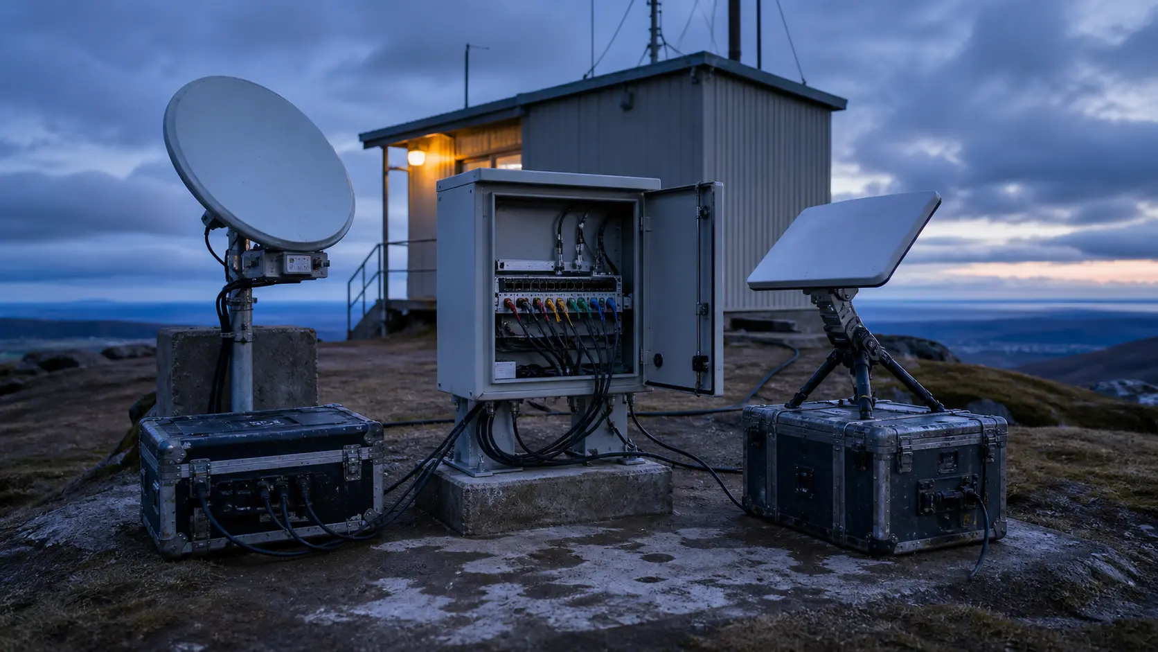 Two different unbranded satellite terminals connect through a neutral handoff cabinet at a remote public-service site.