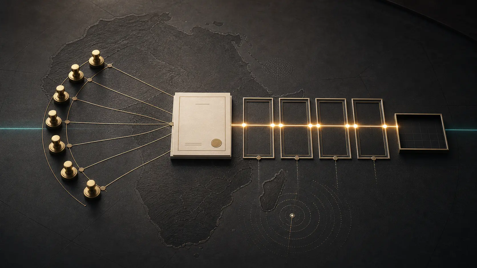 Seven brass vote markers converge on a resolution sheet, followed by empty legal-cost checkpoints and an unfilled final ledger over an abstract map of Africa and Mauritius.