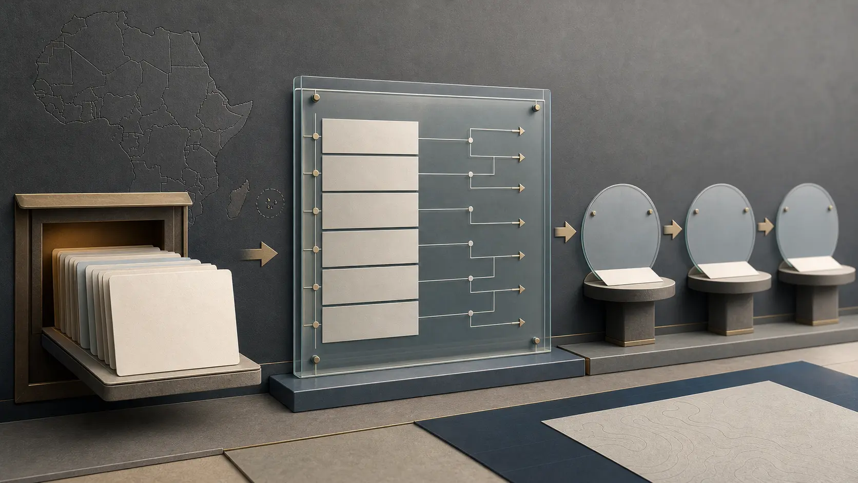 Blank consultation cards move from a closed intake through a transparent classification ledger toward three empty decision stations, against an embossed map of Africa and Mauritius.