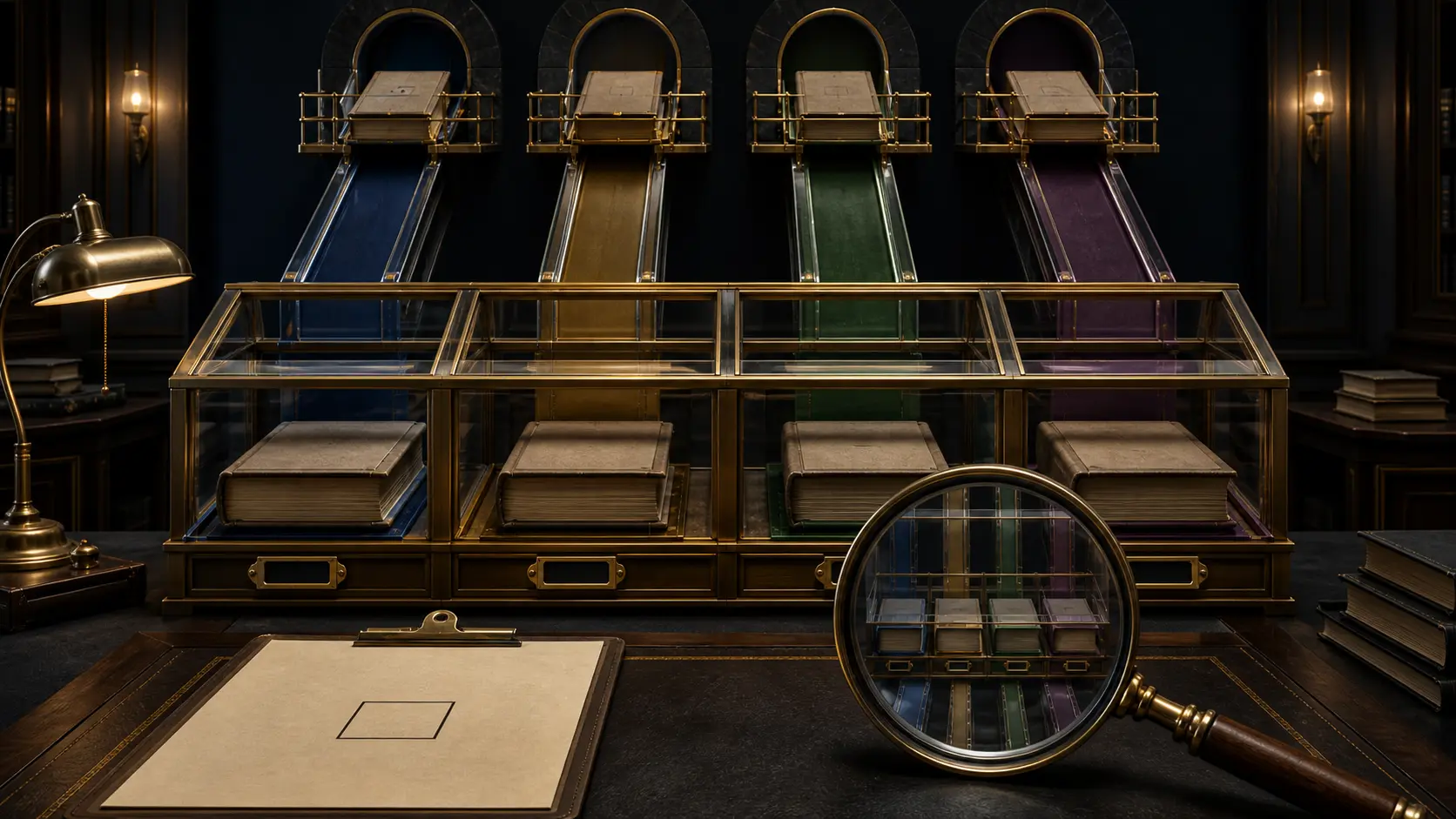 Four unmarked technical folios travel along separate colored intake tracks into four distinct bays of one common archive, inspected through a magnifying glass.
